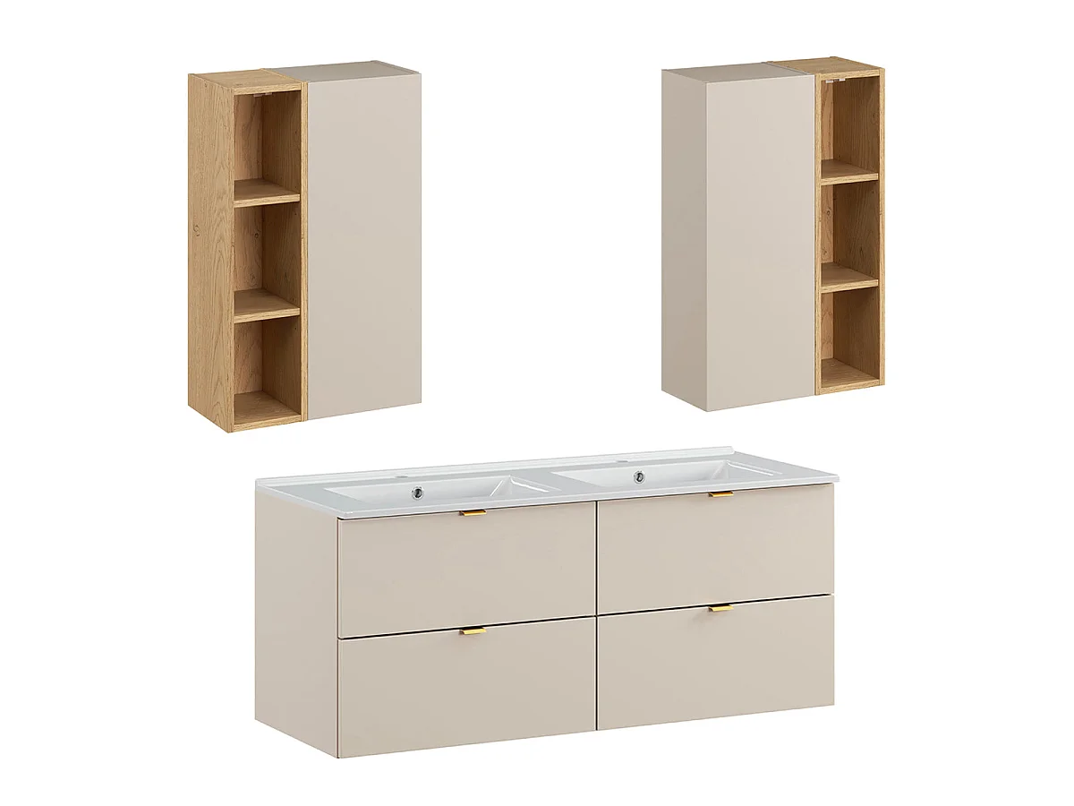 Ensemble meuble double vasque encastrée 120cm et colonne Azel Cachemire et Bois