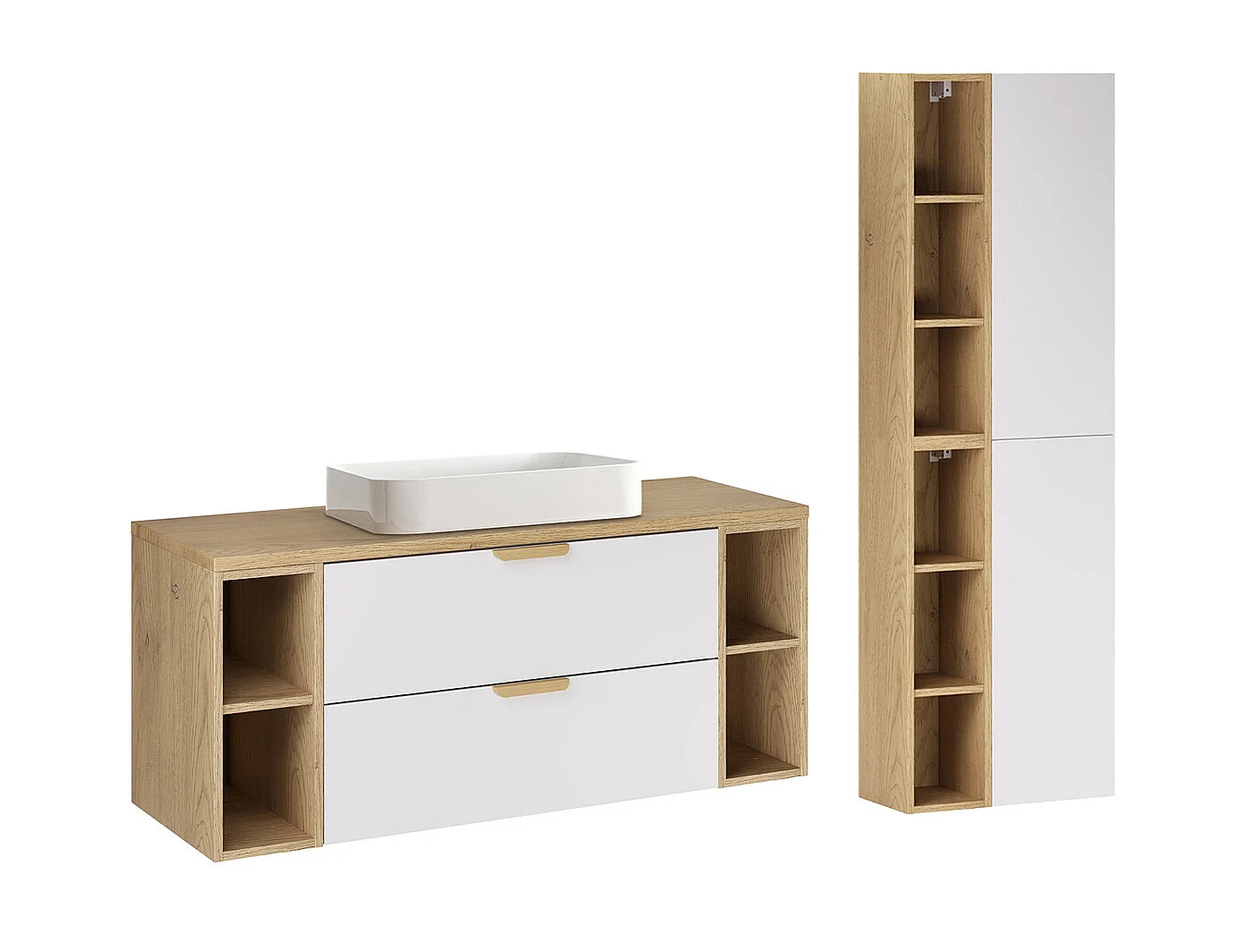 Set aus Einzelwaschtisch 120cm 4 Nischen und Säule Oria Weiß matt
