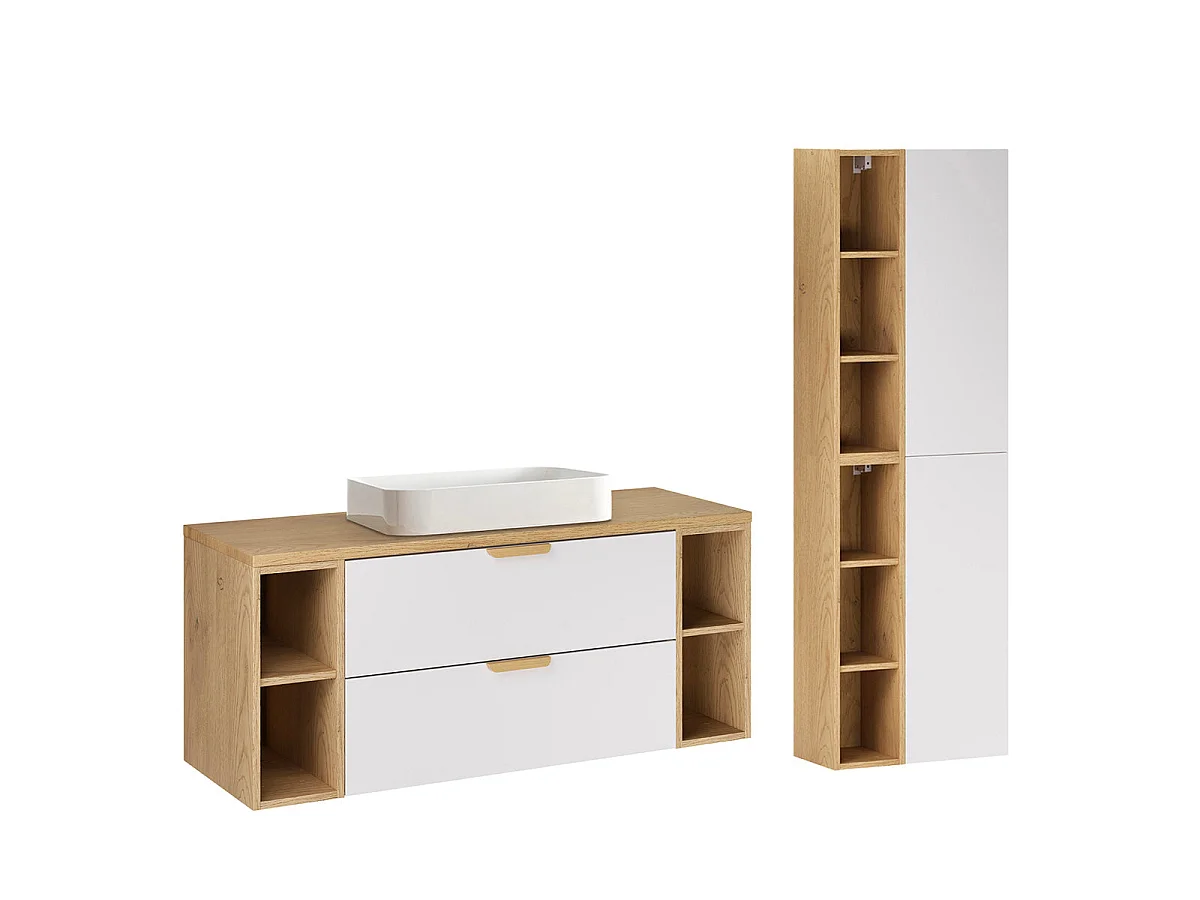 Ensemble meuble simple vasque 120cm 4 niches et colonne Oria Blanc mat