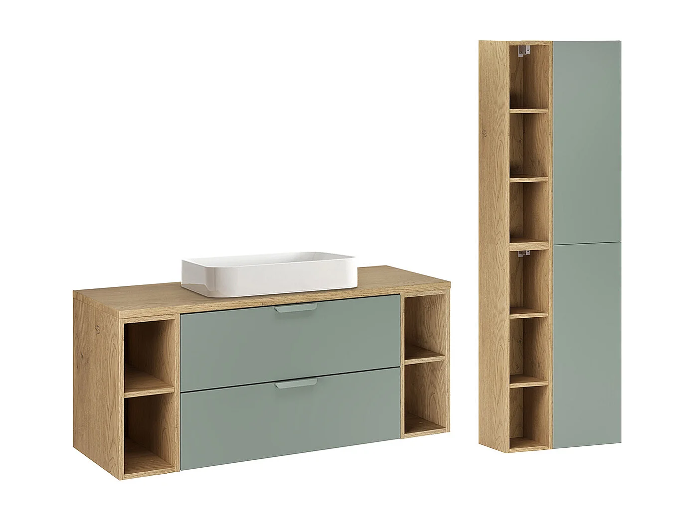 Ensemble meuble simple vasque 120cm 4 niches et colonne Oria Vert mat