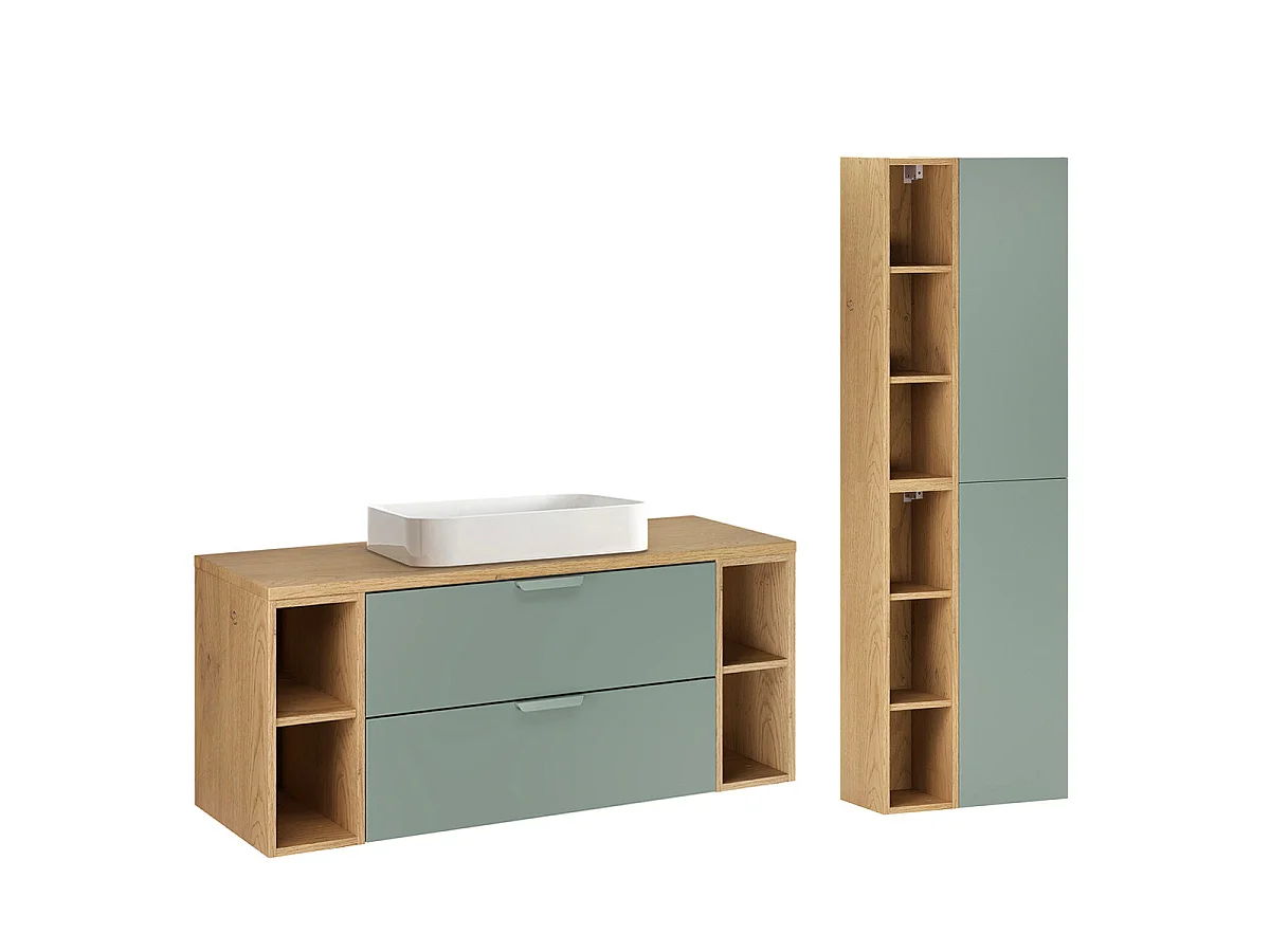 Ensemble meuble simple vasque 120cm 4 niches et colonne Oria Vert mat