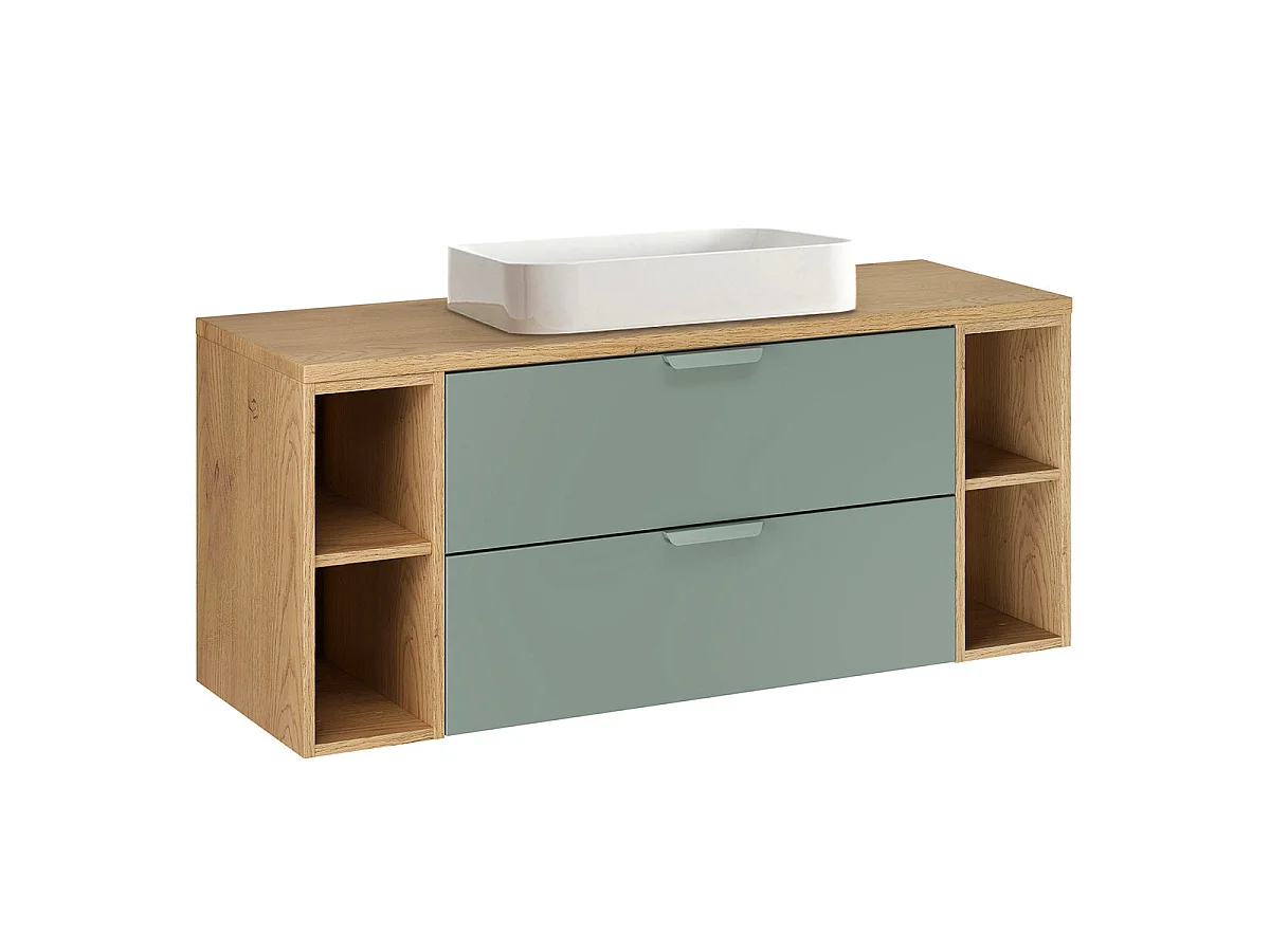 Ensemble meuble simple vasque 120cm 4 niches et colonne Oria Vert mat