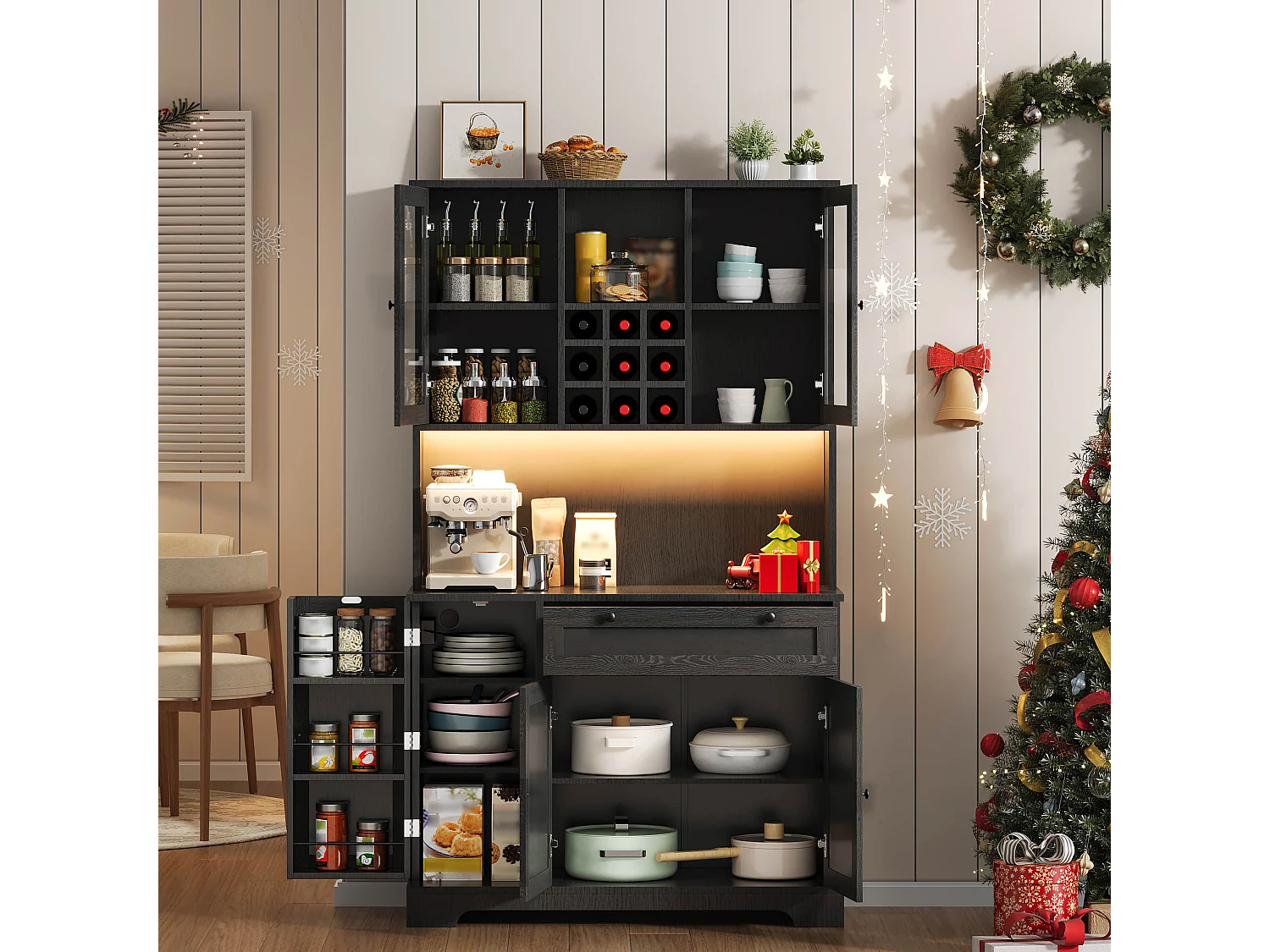 Buffet vaisselier de cuisine avec LED et prises - 105x40x180 cm - noir