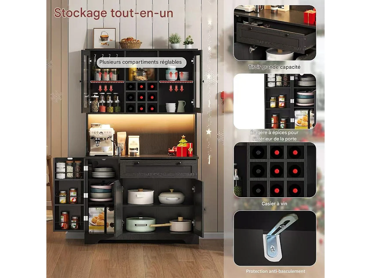 Buffet vaisselier de cuisine avec LED et prises - 105x40x180 cm - noir