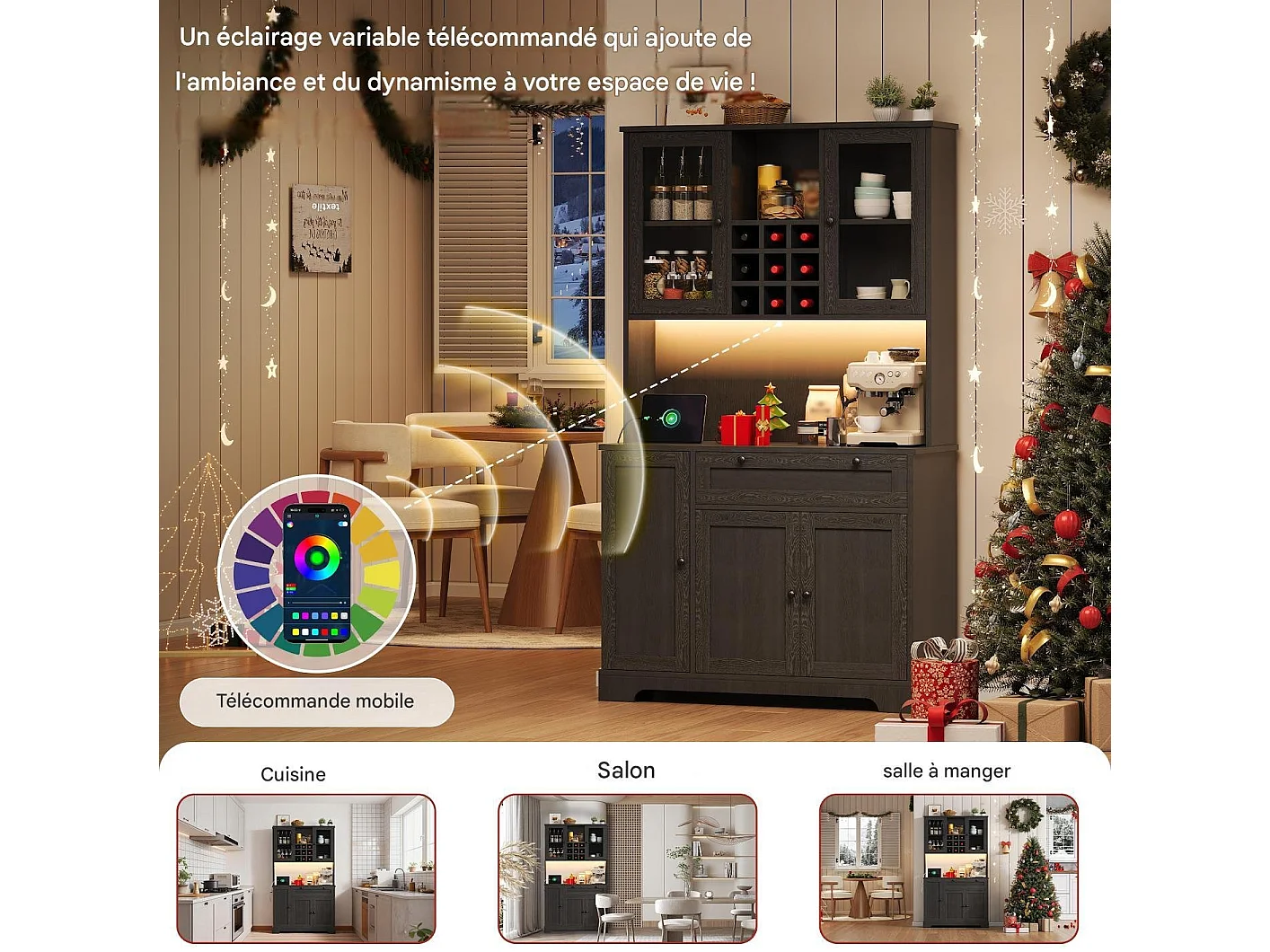Buffet vaisselier de cuisine avec LED et prises - 105x40x180 cm - noir