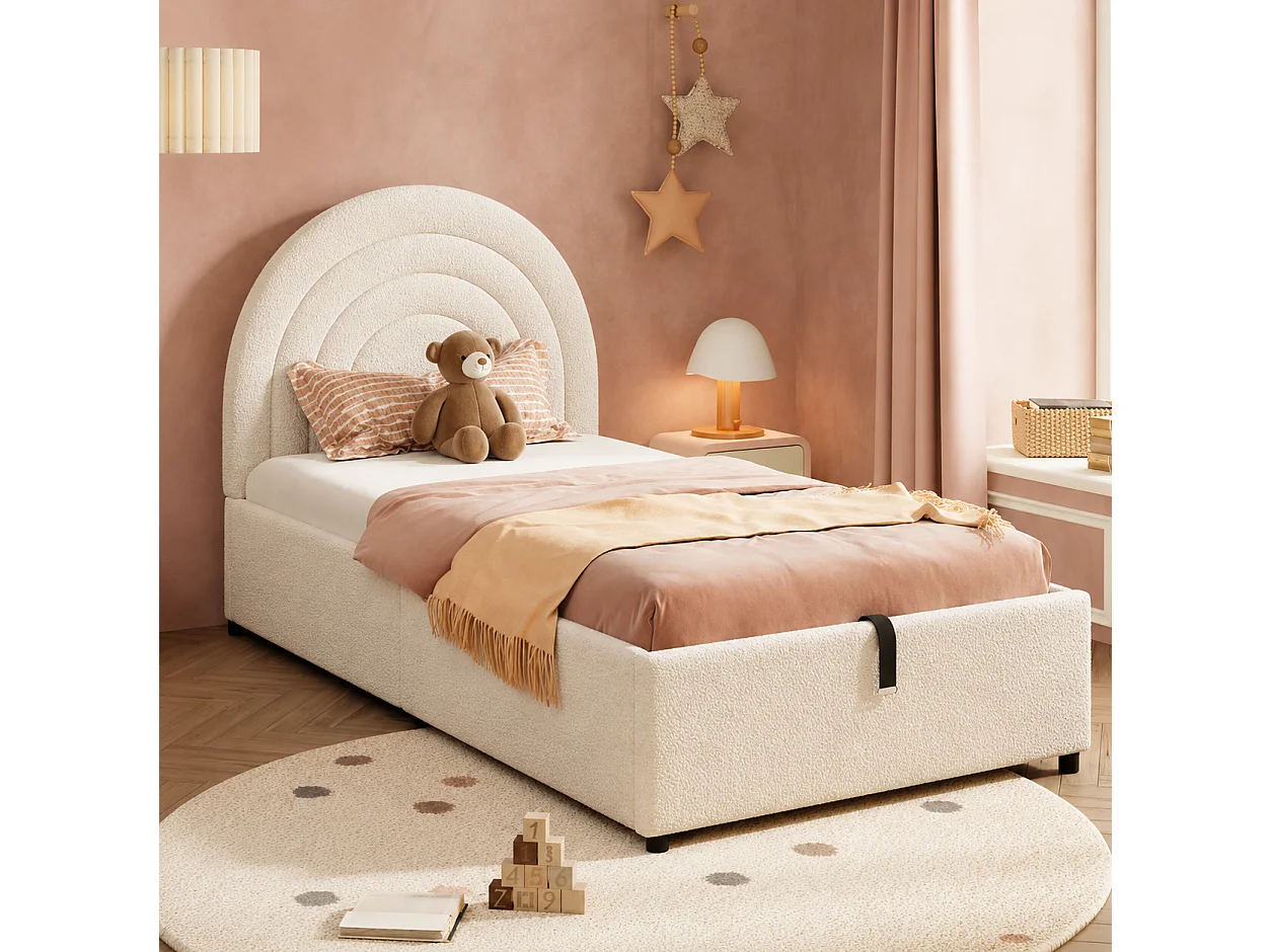 Lit coffre enfant 90x200 cm en tissu bouclette avec tête de lit arc-en-ciel - beige