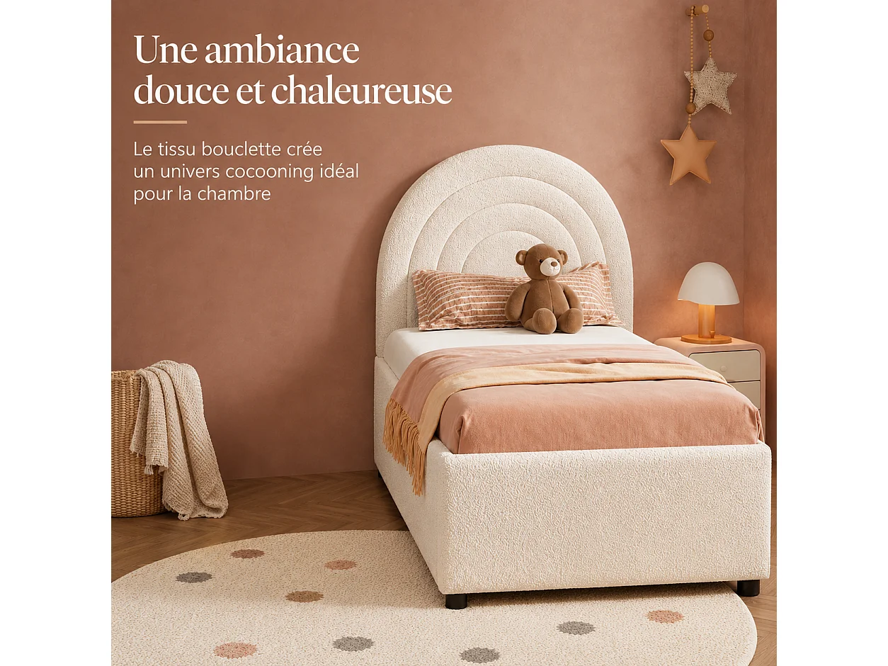 Lit coffre enfant 90x200 cm en tissu bouclette avec tête de lit arc-en-ciel - beige