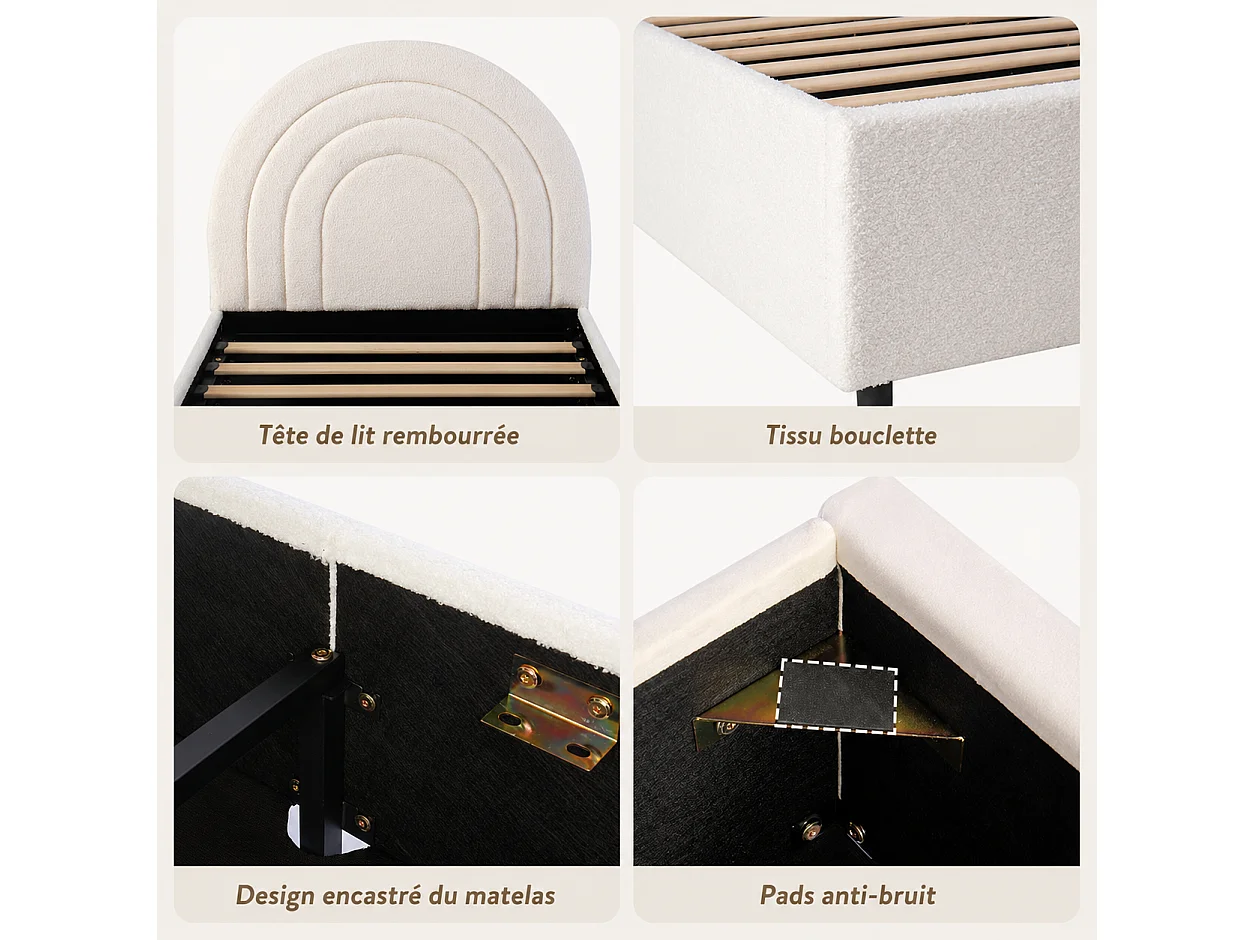 Lit coffre enfant 90x200 cm en tissu bouclette avec tête de lit arc-en-ciel - beige