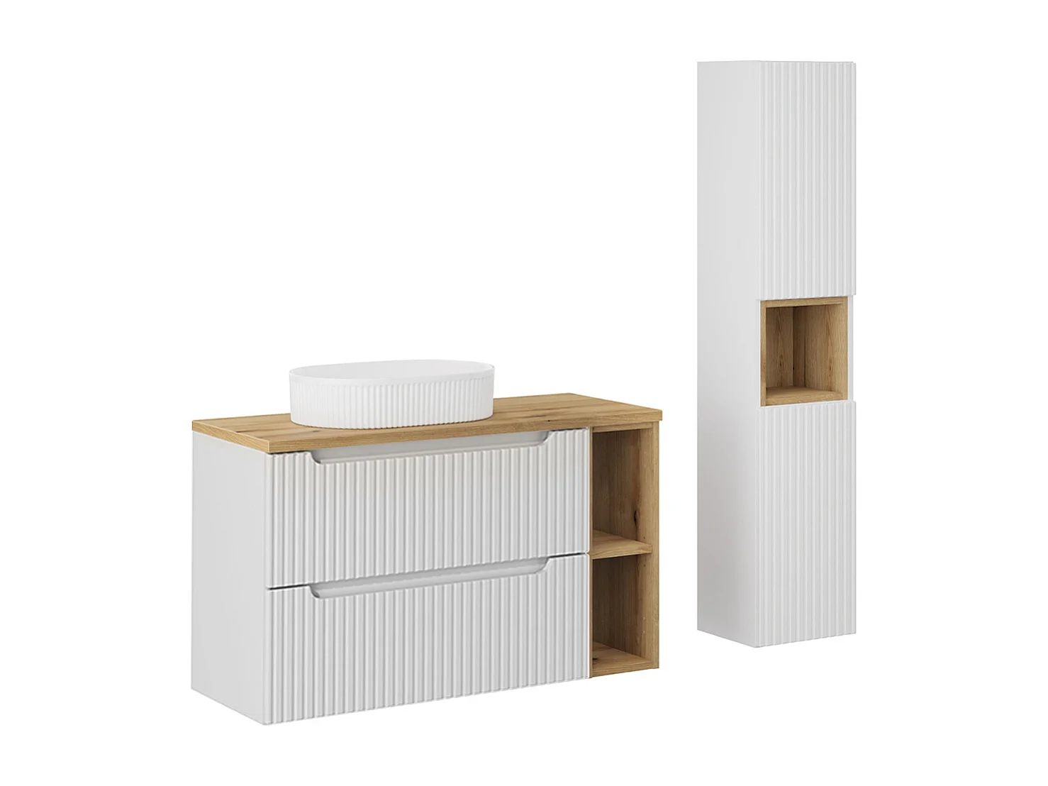 Ensemble meuble simple vasque 100cm 2 tiroirs 2 niches et colonne Riva Blanc et Bois
