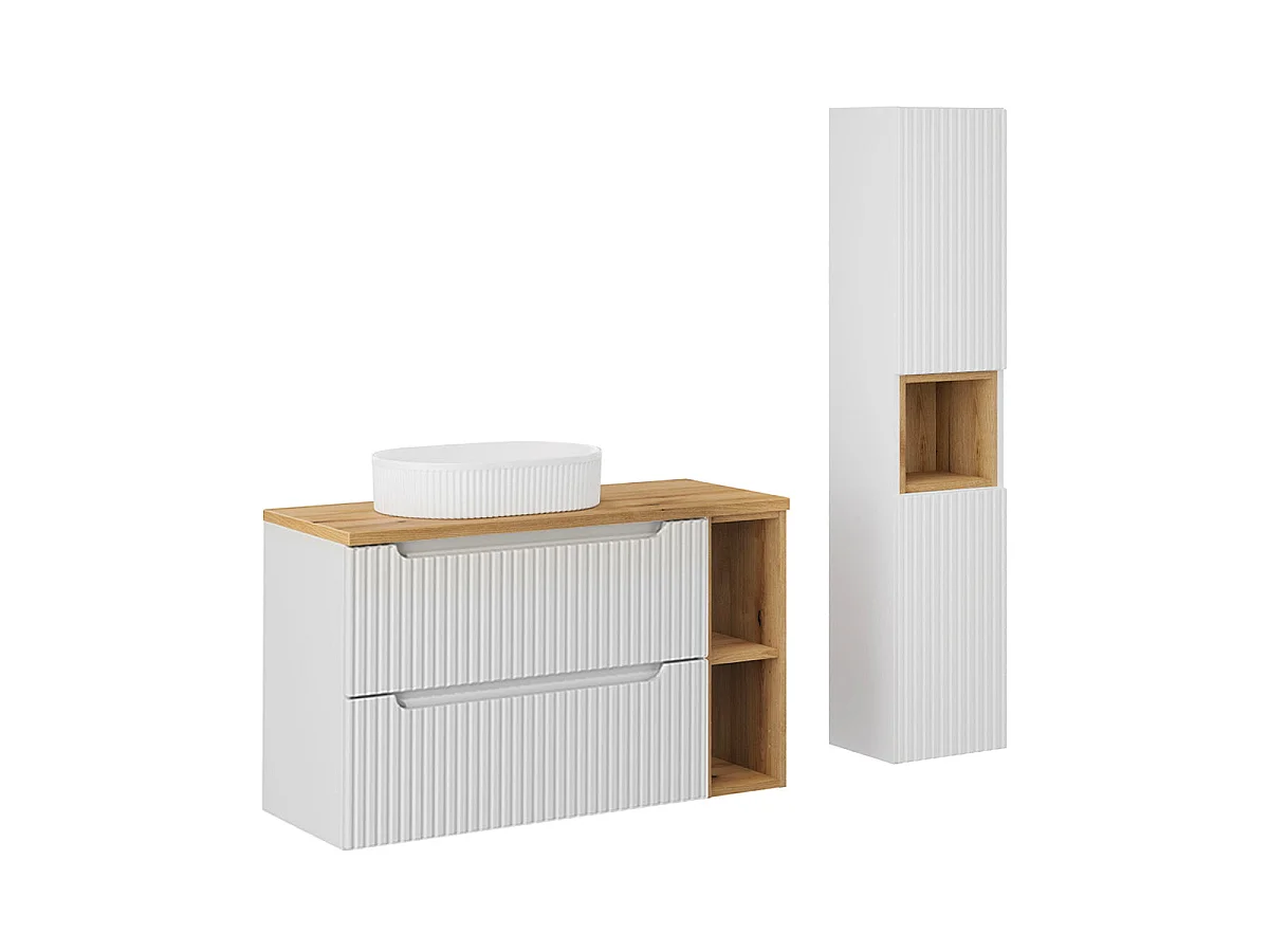 Ensemble meuble simple vasque 100cm 2 tiroirs 2 niches et colonne Riva Blanc et Bois