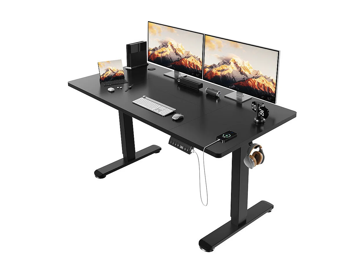 Bureau électrique réglable en hauteur avec prise USB, plateau pour câbles, bureau d'ordinateur, bureau debout avec rappel d'activités sédentaires, 140 x 70 cm