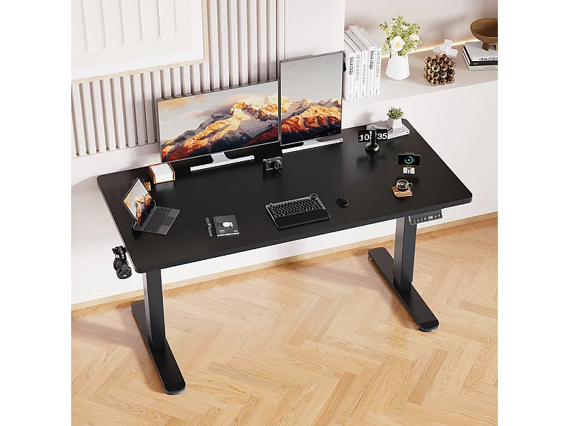 Bureau électrique réglable en hauteur avec prise USB, plateau pour câbles, bureau d'ordinateur, bureau debout avec rappel d'activités sédentaires, 140 x 70 cm