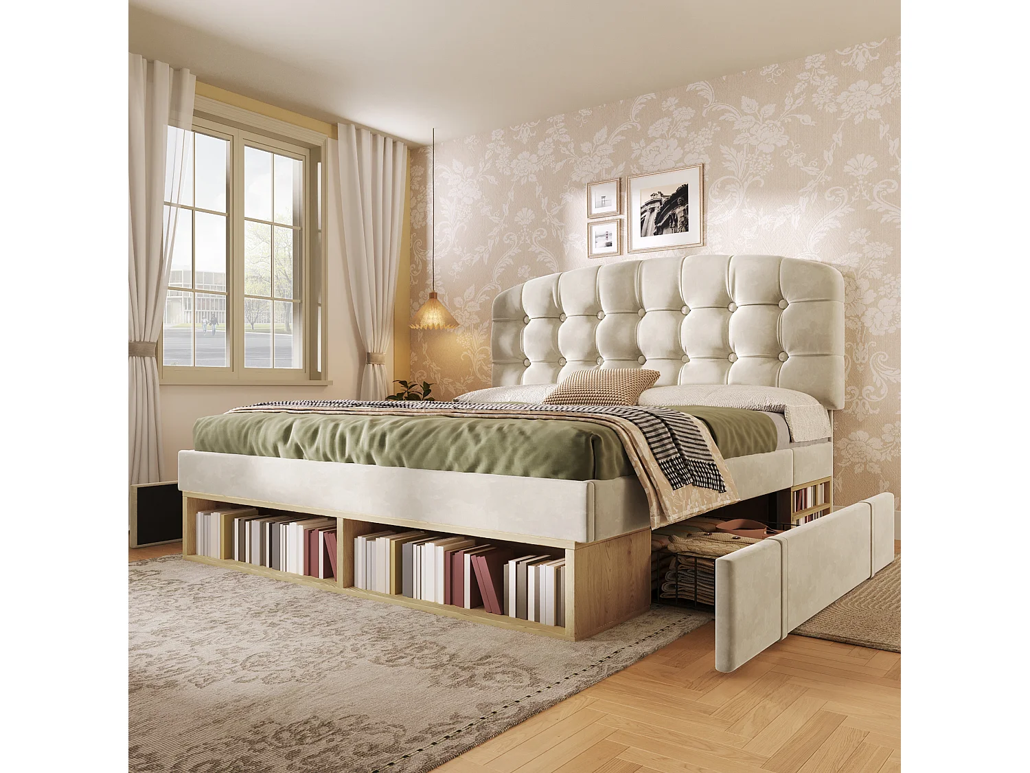 Lit double 140x200 cm en velours beige avec tiroirs et tête de lit réglable
