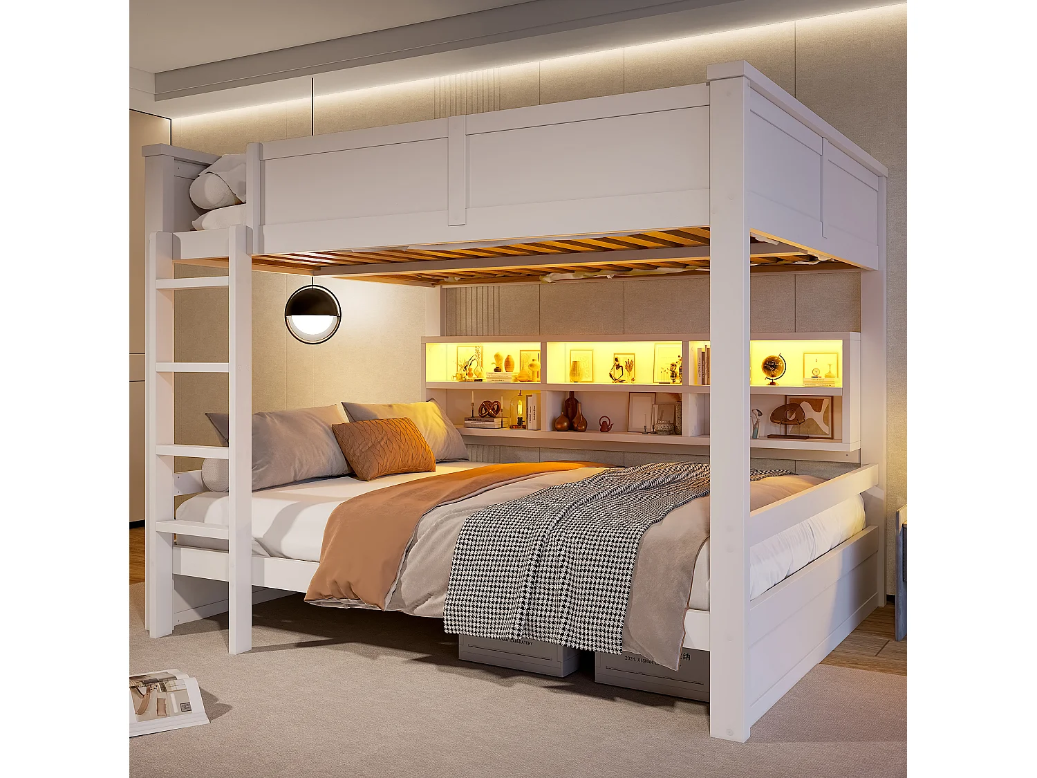 Lit superposé 2 couchages 160x200 cm avec rangements et LED - Blanc
