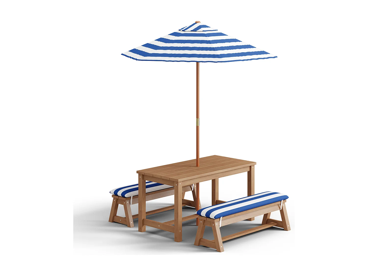 Table d'extérieur pour enfants + 2 bancs + parasol rayé bleu,mobilier de jardin en bois,patio et cour