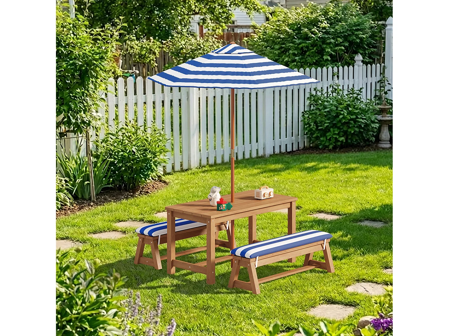 Table d'extérieur pour enfants + 2 bancs + parasol rayé bleu,mobilier de jardin en bois,patio et cour