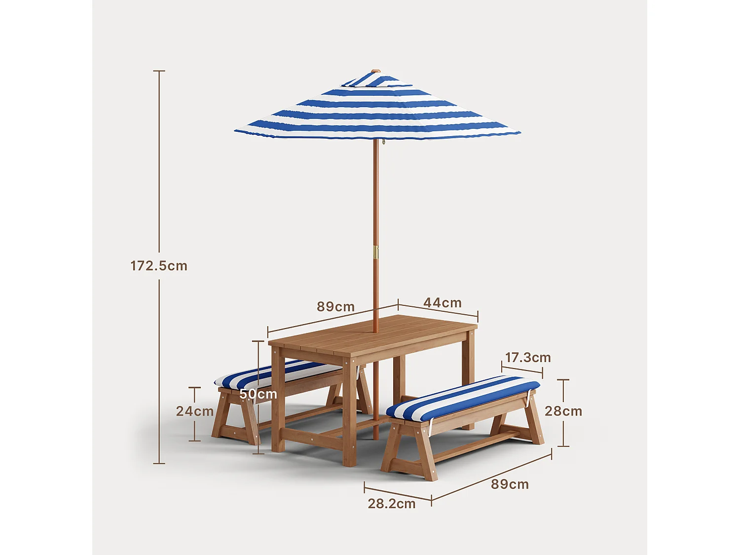 Table d'extérieur pour enfants + 2 bancs + parasol rayé bleu,mobilier de jardin en bois,patio et cour