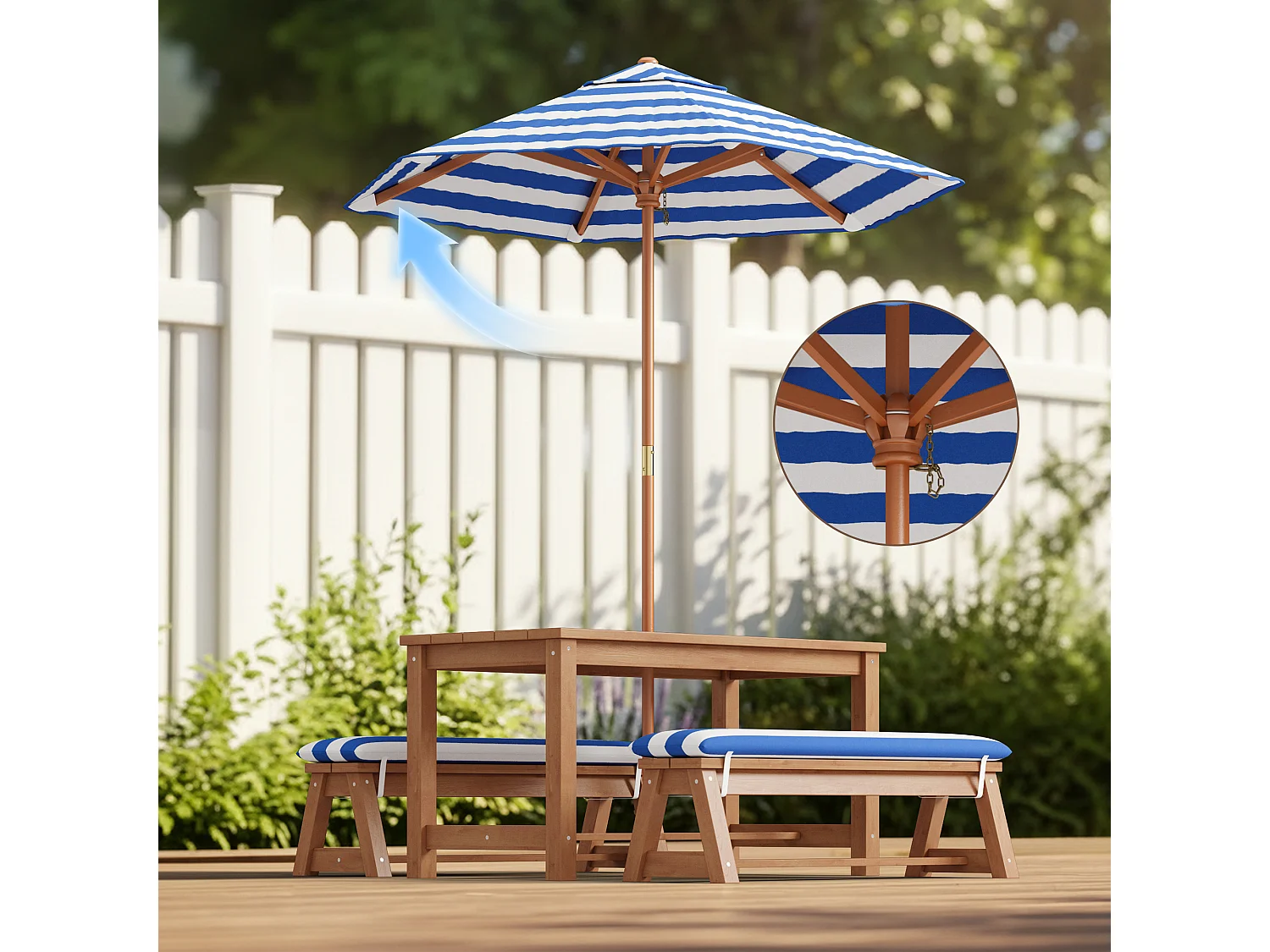 Table d'extérieur pour enfants + 2 bancs + parasol rayé bleu,mobilier de jardin en bois,patio et cour