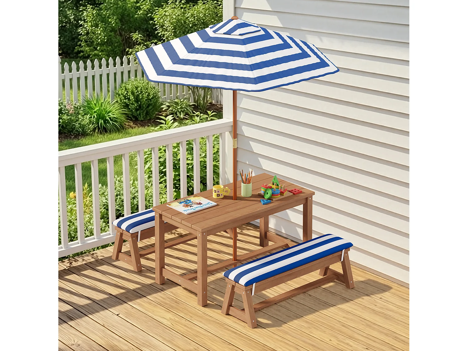 Table d'extérieur pour enfants + 2 bancs + parasol rayé bleu,mobilier de jardin en bois,patio et cour