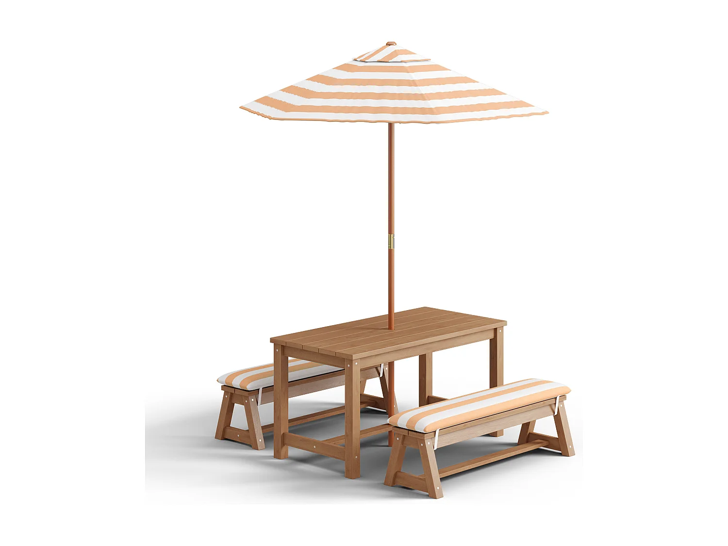 Table d'extérieur pour enfants + 2 bancs + parasol rayé marron,mobilier de jardin en bois,patio et cour