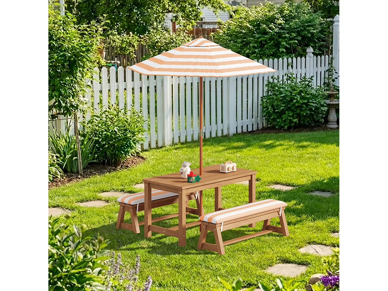 Table d'extérieur pour enfants + 2 bancs + parasol rayé marron,mobilier de jardin en bois,patio et cour