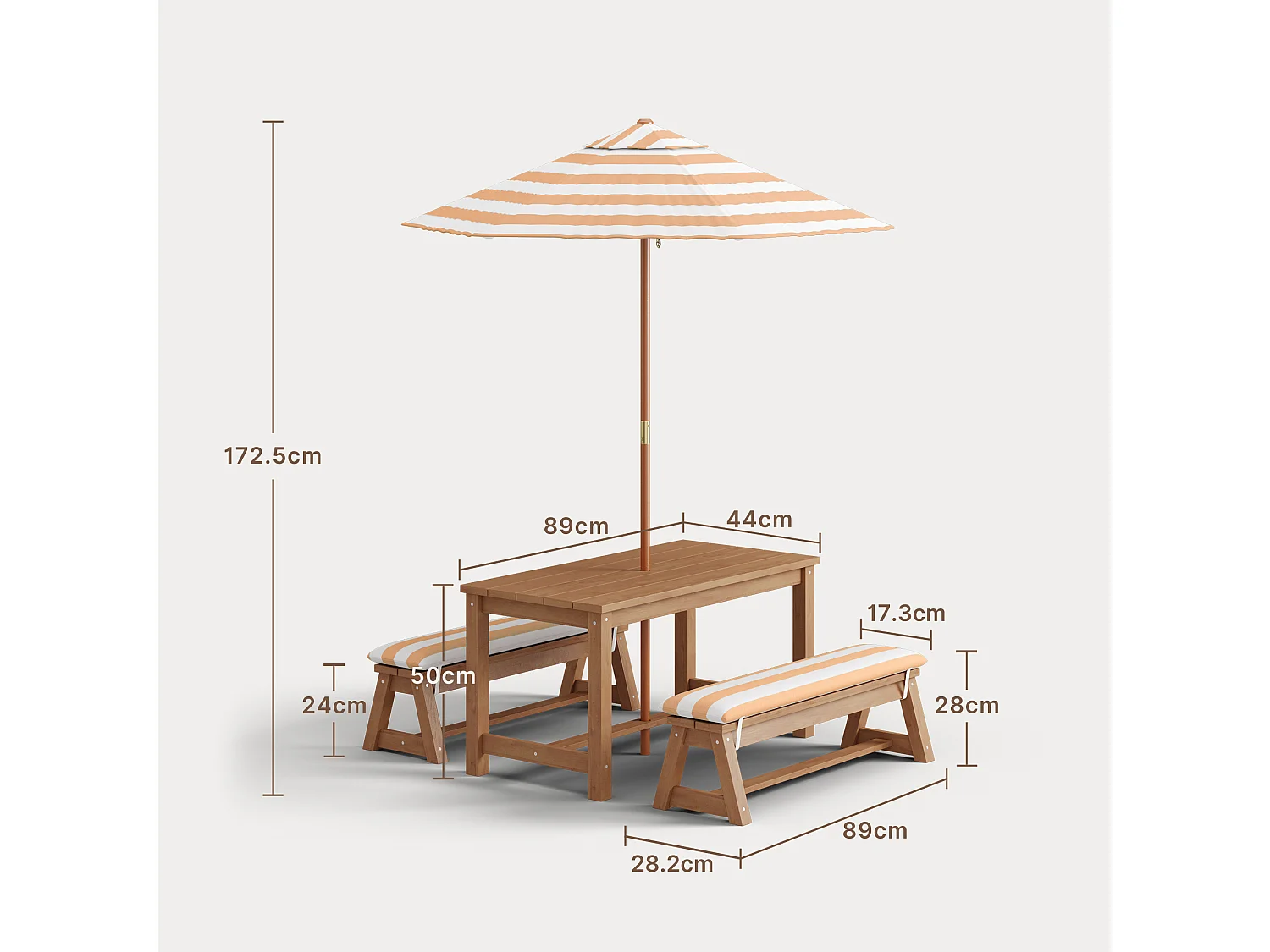 Table d'extérieur pour enfants + 2 bancs + parasol rayé marron,mobilier de jardin en bois,patio et cour
