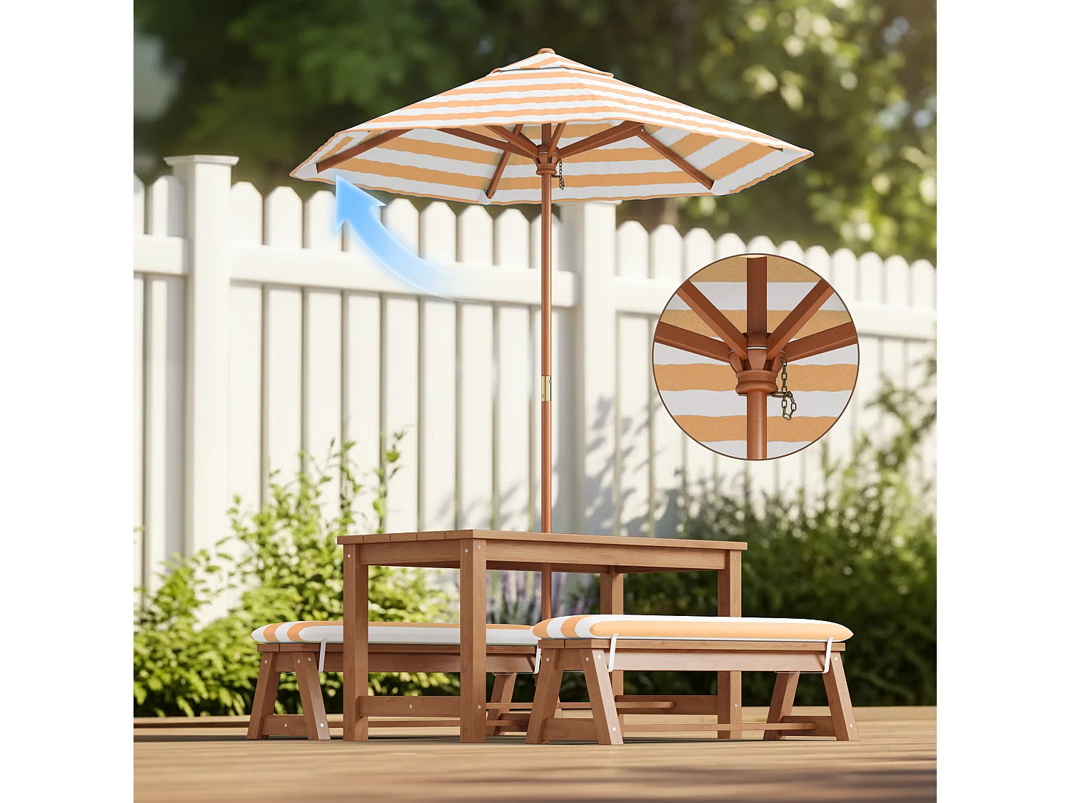 Table d'extérieur pour enfants + 2 bancs + parasol rayé marron,mobilier de jardin en bois,patio et cour
