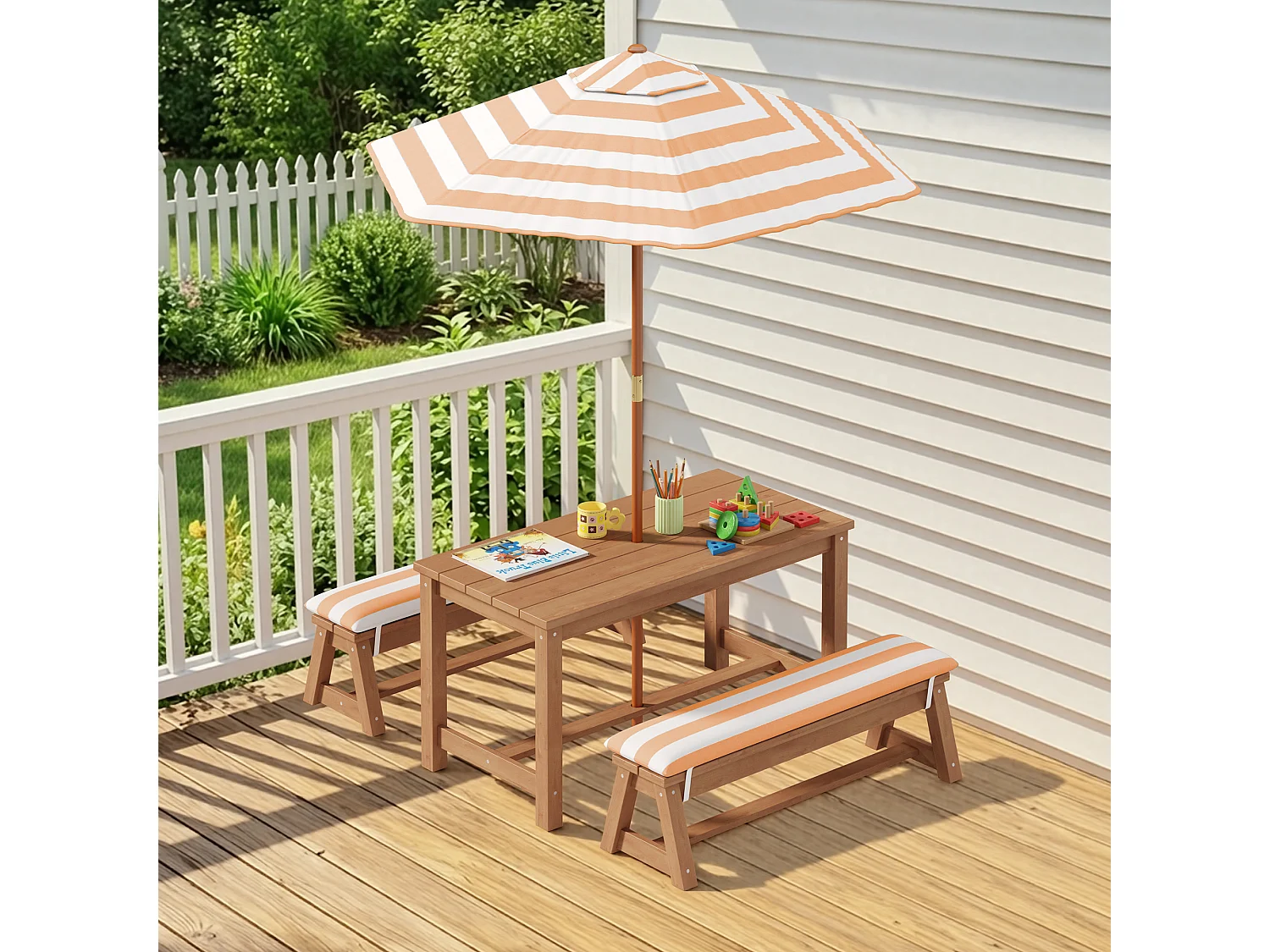 Table d'extérieur pour enfants + 2 bancs + parasol rayé marron,mobilier de jardin en bois,patio et cour