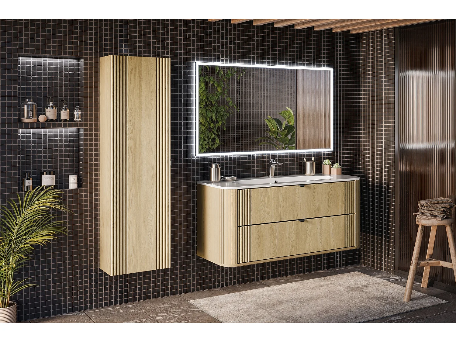 Set aus Einzelmöbel, Einbauwaschbecken 120cm und Säule Mila Holz