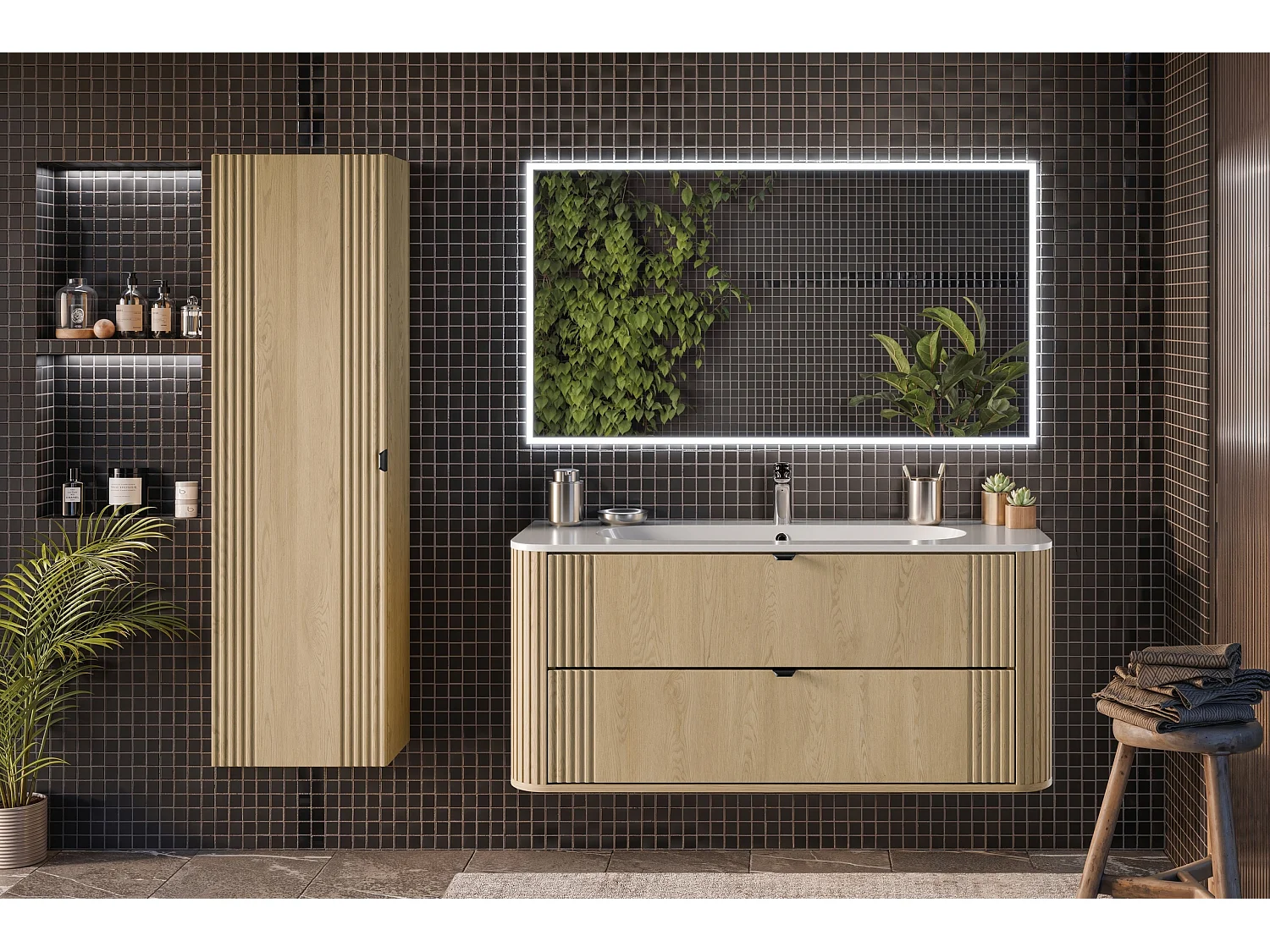 Set aus Einzelmöbel, Einbauwaschbecken 120cm und Säule Mila Holz
