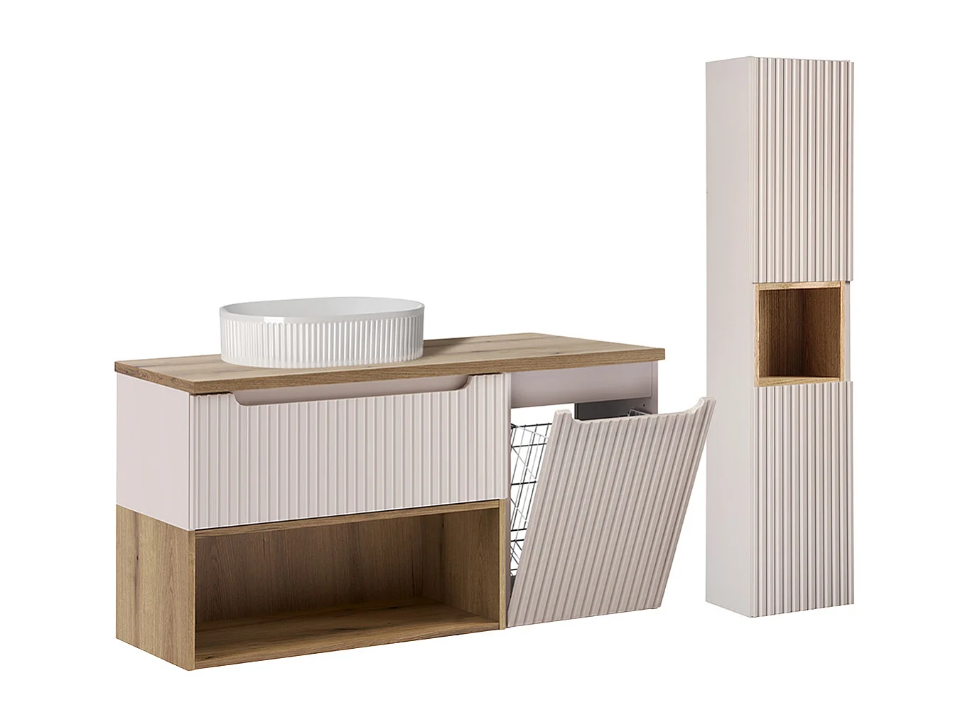 Ensemble meuble simple vasque 120cm panier à linge et colonne Riva Cachemire et Bois
