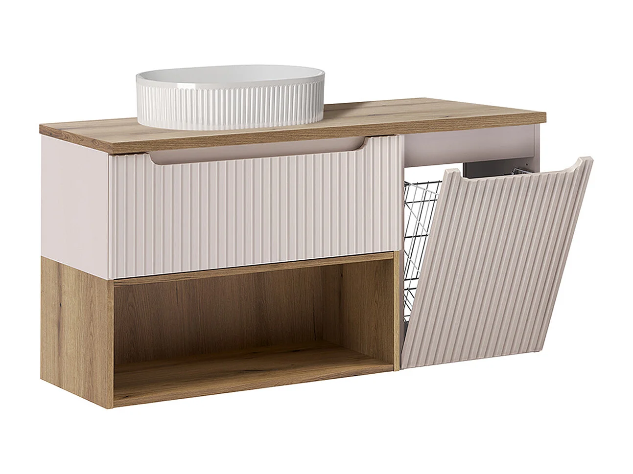 Ensemble meuble simple vasque 120cm panier à linge et colonne Riva Cachemire et Bois