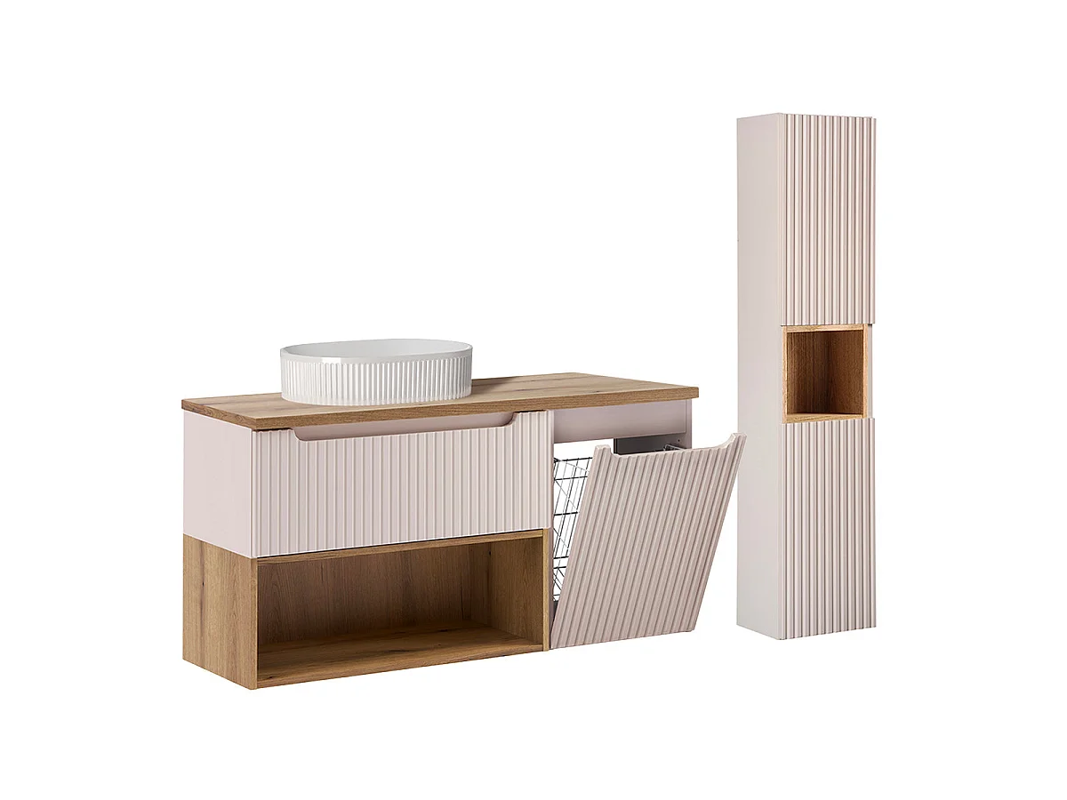 Conjunto de lavabo individual de 120 cm con cesto para ropa sucia y columna Riva Cashmere y Wood