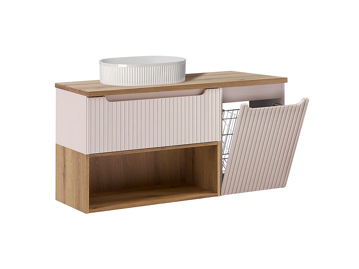 Conjunto de lavabo individual de 120 cm con cesto para ropa sucia y columna Riva Cashmere y Wood