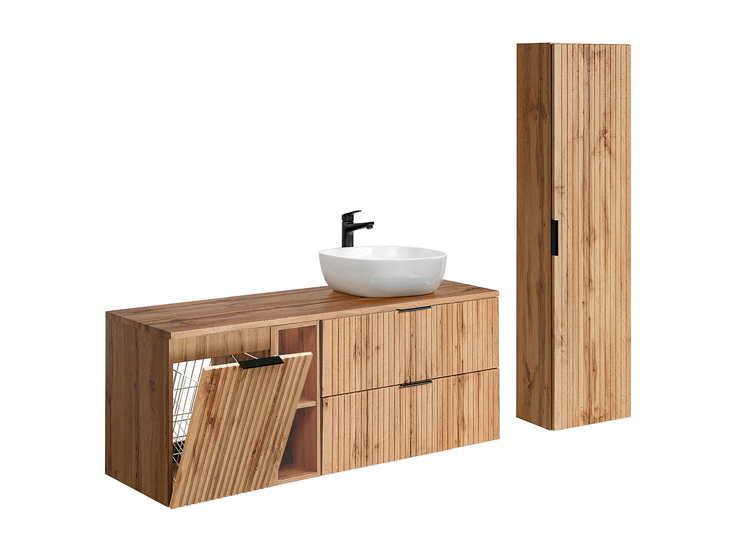 Ensemble meuble simple vasque 140cm 2 niches panier à linge et colonne Adriel Bois