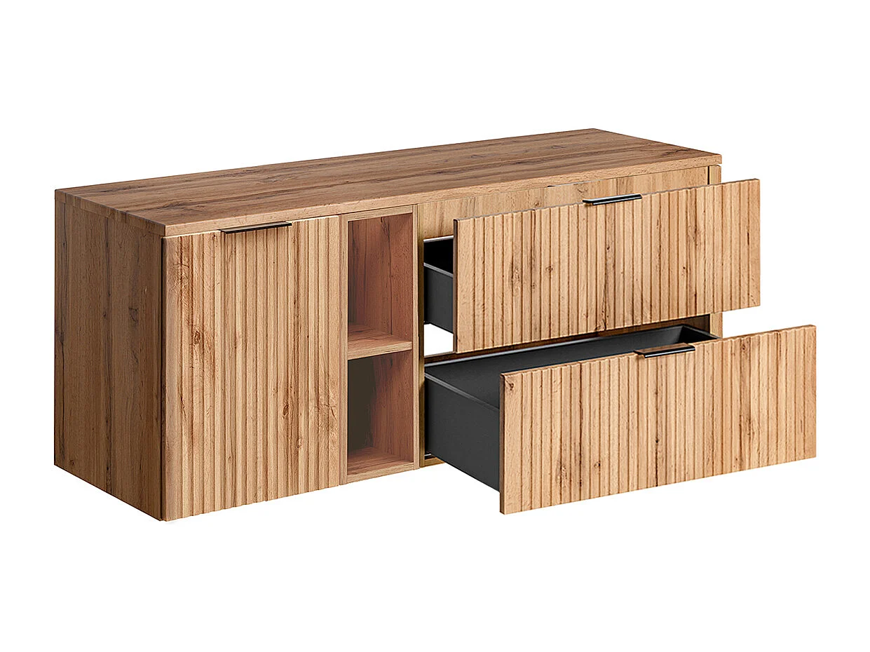Ensemble meuble simple vasque 140cm 2 niches panier à linge et colonne Adriel Bois
