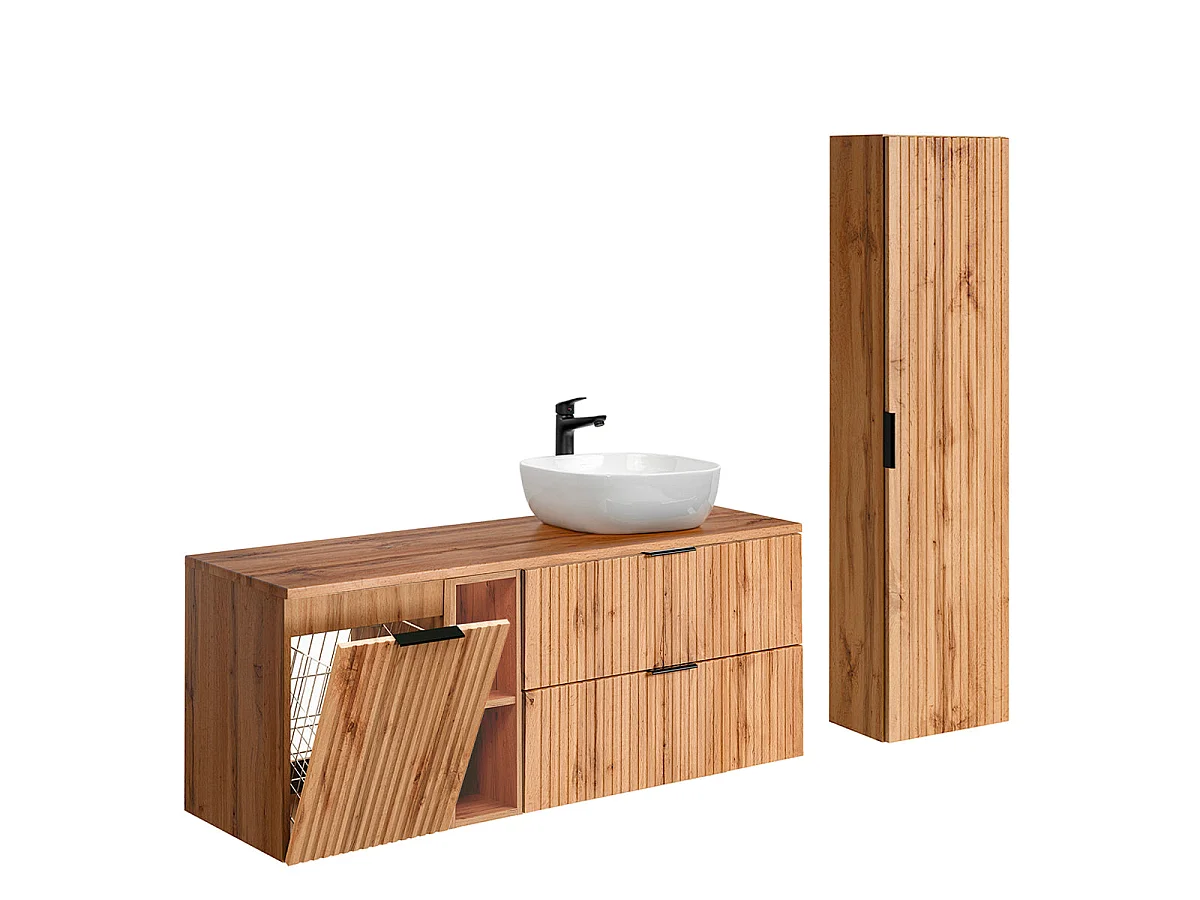 Insieme mobile lavabo singolo 140cm 2 nicchie cesto portabiancheria e colonna Adriel Legno