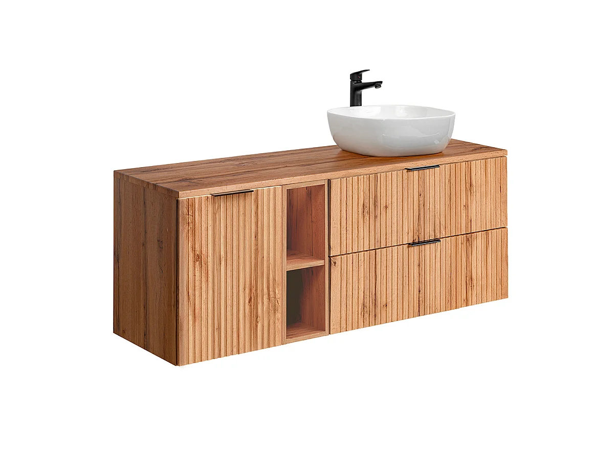 Insieme mobile lavabo singolo 140cm 2 nicchie cesto portabiancheria e colonna Adriel Legno