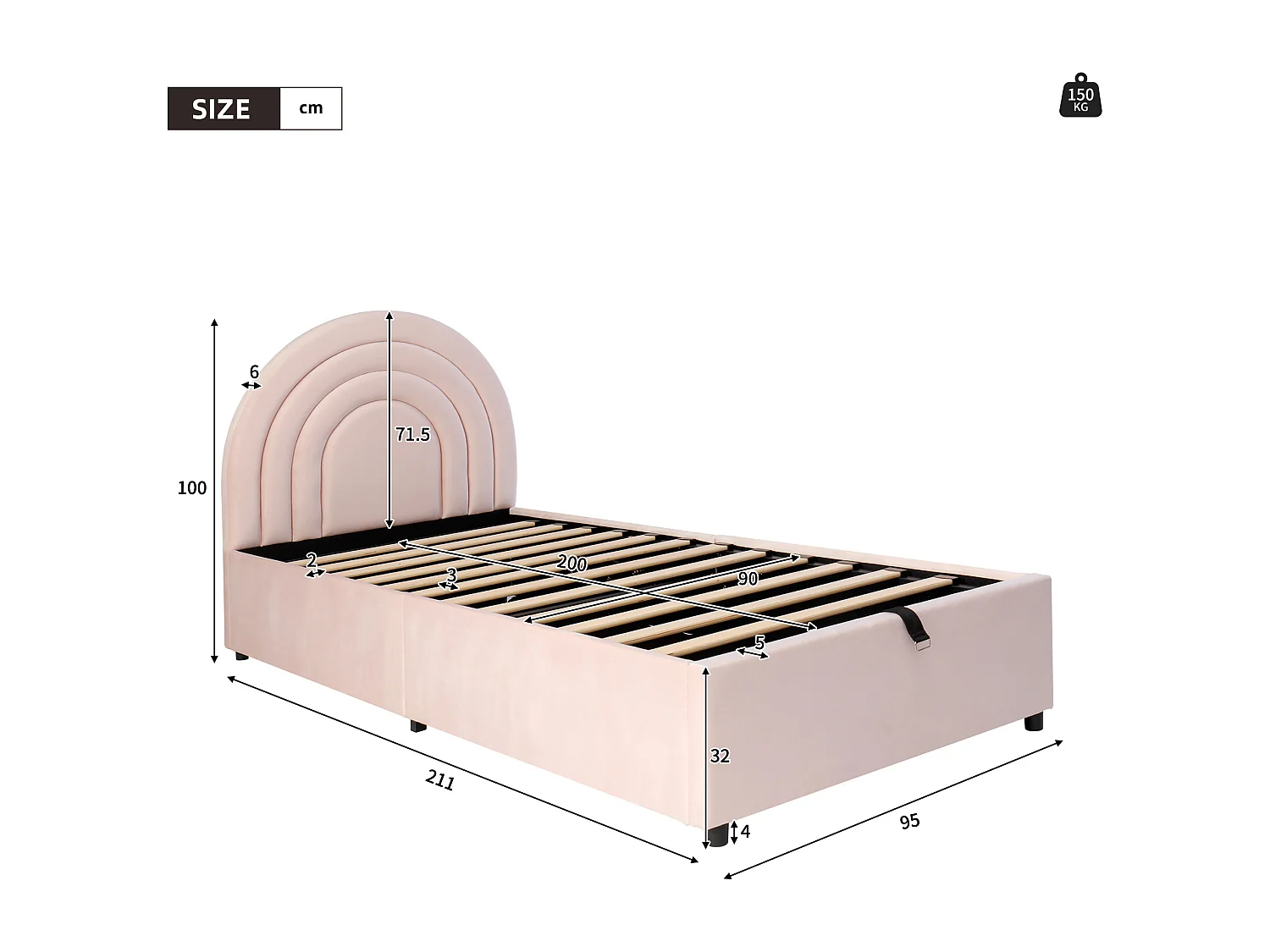 Lit coffre enfant 90x200 cm en velours avec tête de lit arc-en-ciel - rose