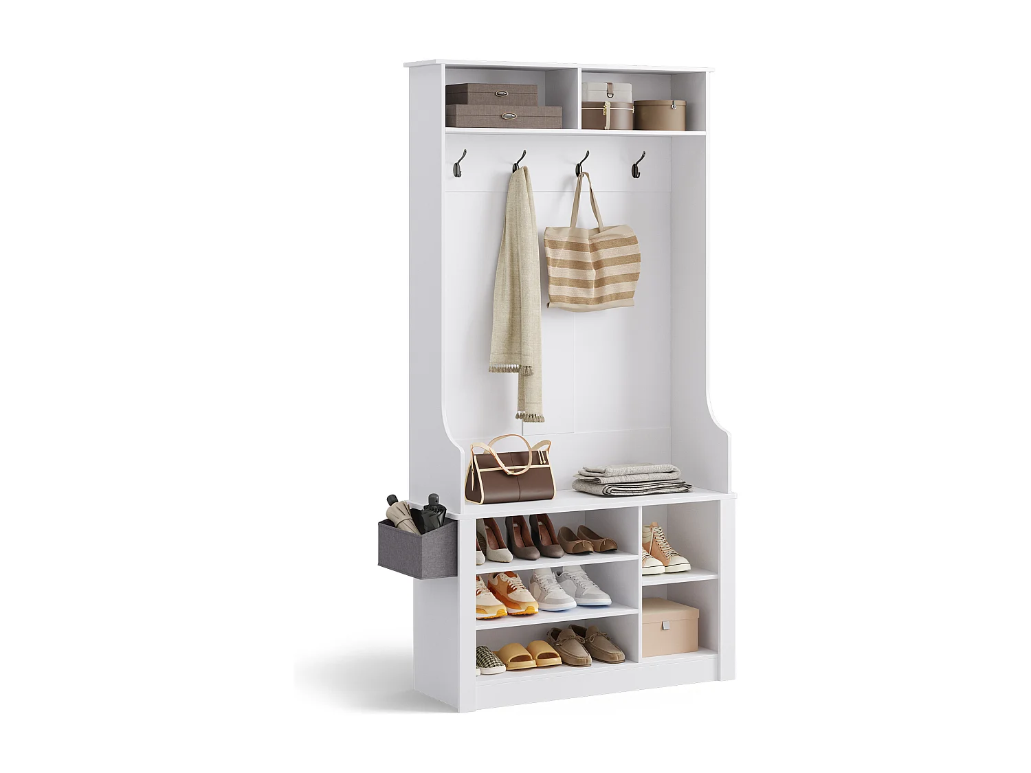 Meuble d'entrée multifonction,portemanteau avec patère et étagères à chaussures,88 x 30 x 183 cm,blanc