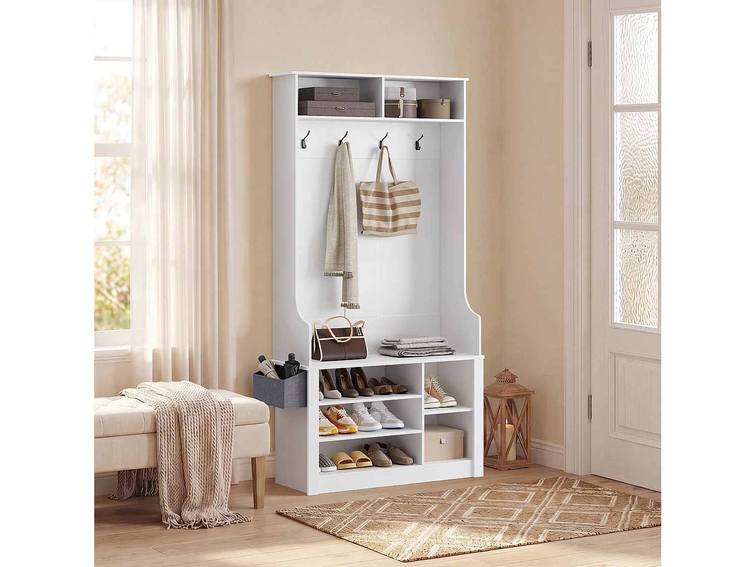 Meuble d'entrée multifonction,portemanteau avec patère et étagères à chaussures,88 x 30 x 183 cm,blanc
