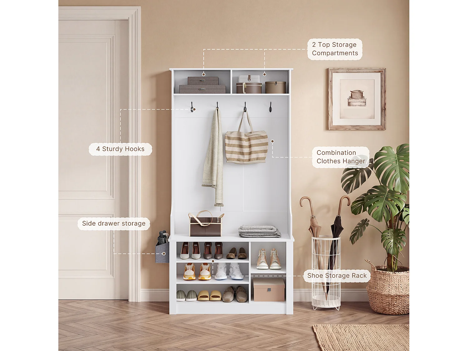Meuble d'entrée multifonction,portemanteau avec patère et étagères à chaussures,88 x 30 x 183 cm,blanc
