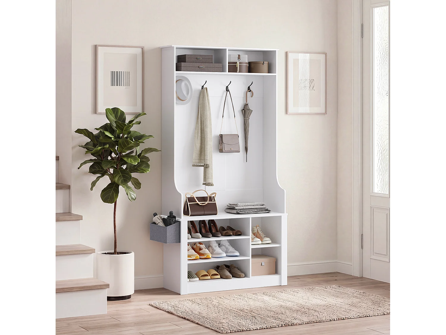 Meuble d'entrée multifonction,portemanteau avec patère et étagères à chaussures,88 x 30 x 183 cm,blanc