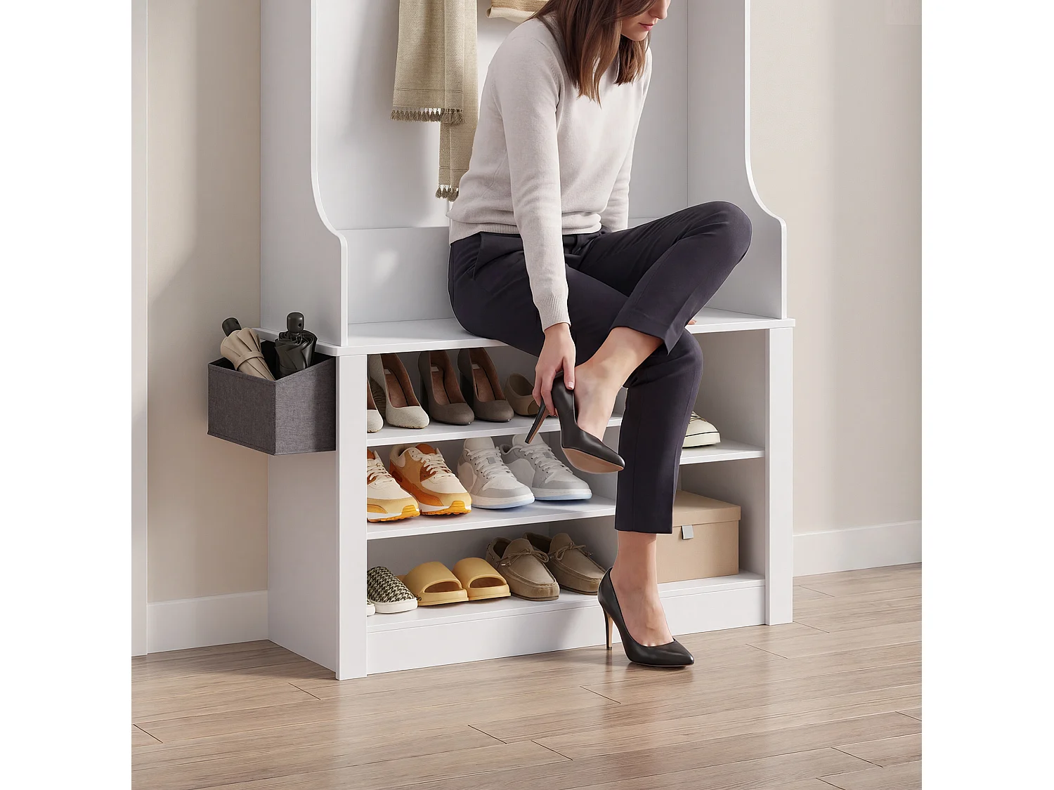 Meuble d'entrée multifonction,portemanteau avec patère et étagères à chaussures,88 x 30 x 183 cm,blanc
