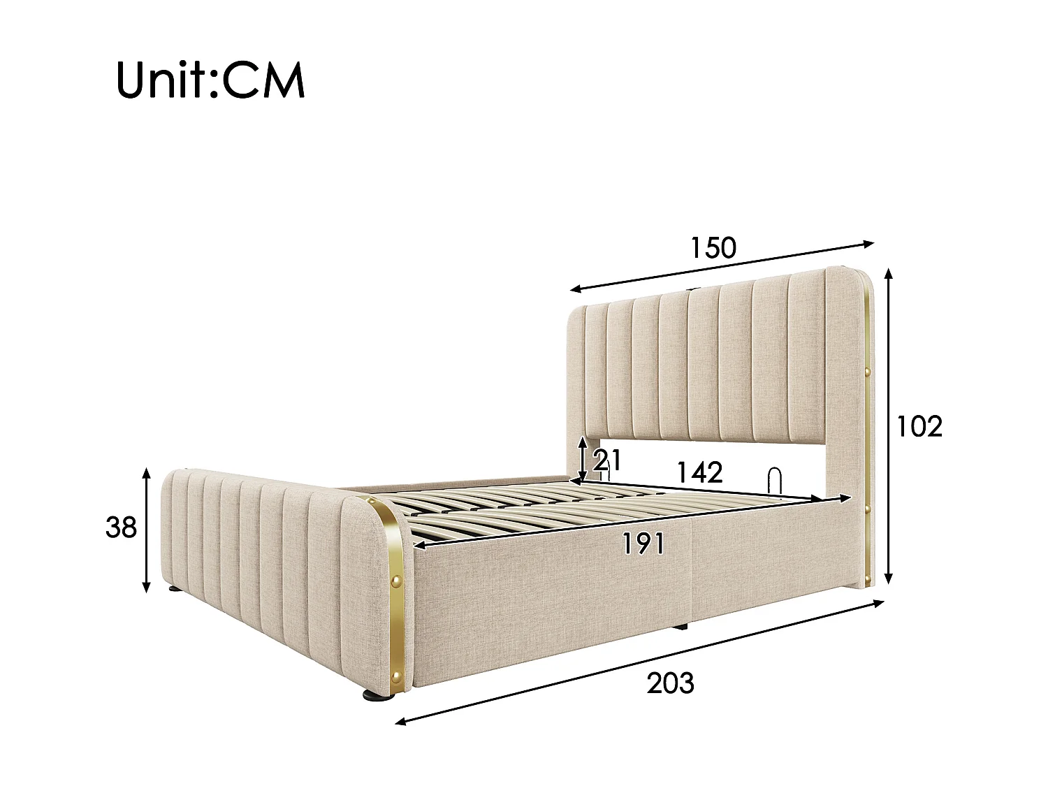 Lit coffre capitonne 140x190 cm - rangement hydraulique tete de lit USB-C et liseres dores - tissueffet lin beige