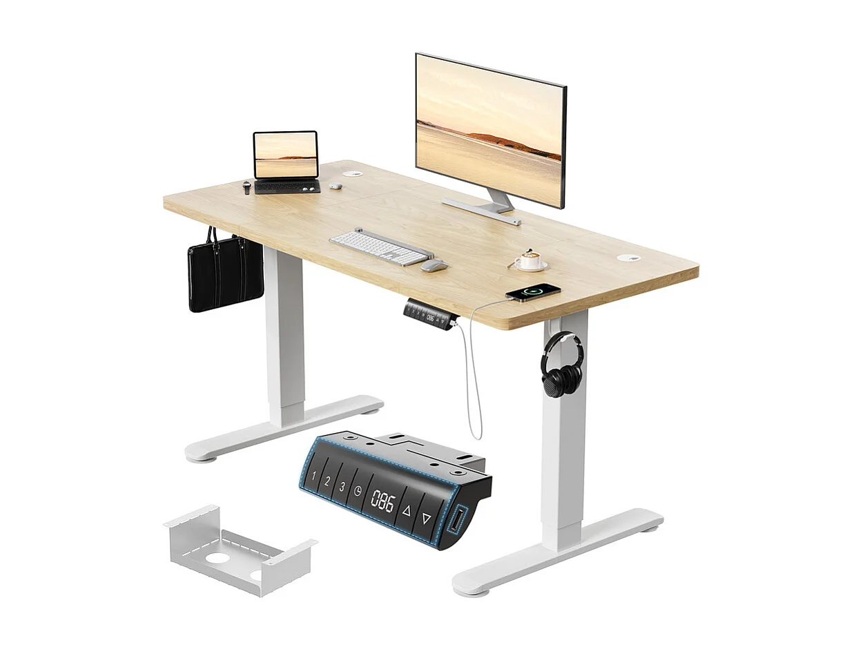 Bureau électrique réglable en hauteur avec prise USB, plateau pour câbles, bureau d'ordinateur, bureau debout avec rappel d'activités sédentaires, 120 x 70 cm