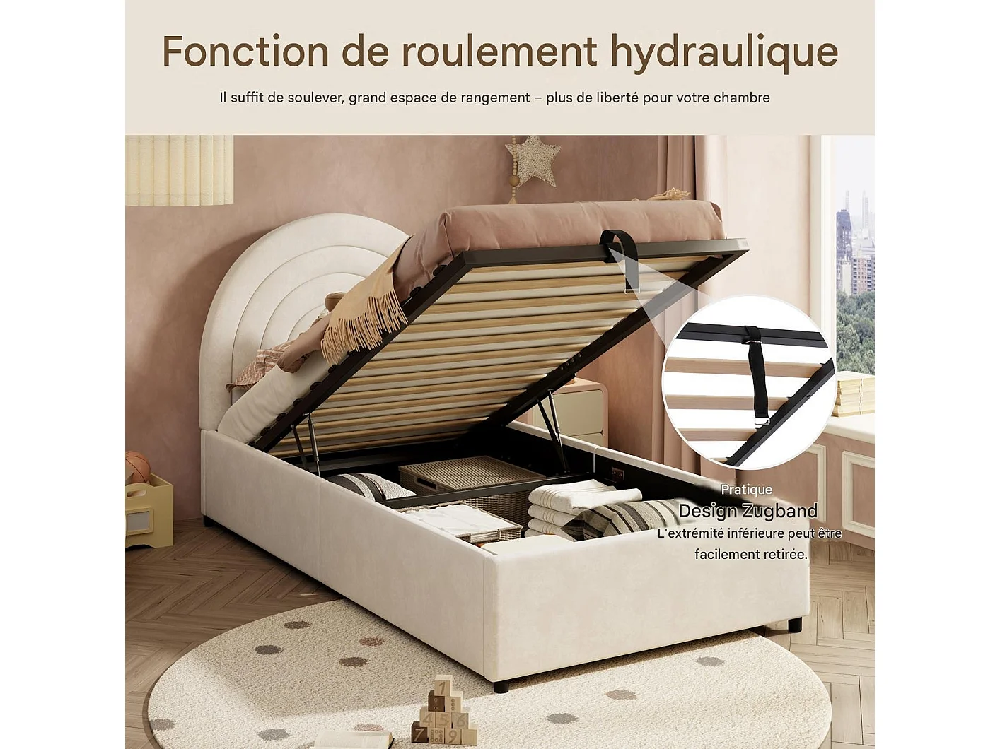 Lit coffre enfant 90x200 cm en velours avec tête de lit arc-en-ciel - beige
