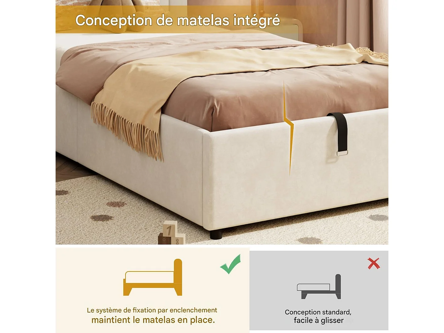 Lit coffre enfant 90x200 cm en velours avec tête de lit arc-en-ciel - beige