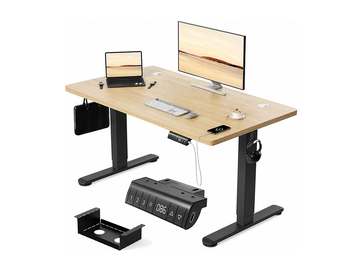 Bureau électrique réglable en hauteur avec prise USB, plateau pour câbles, bureau d'ordinateur, bureau debout avec rappel d'activités sédentaires, 140 x 70 cm