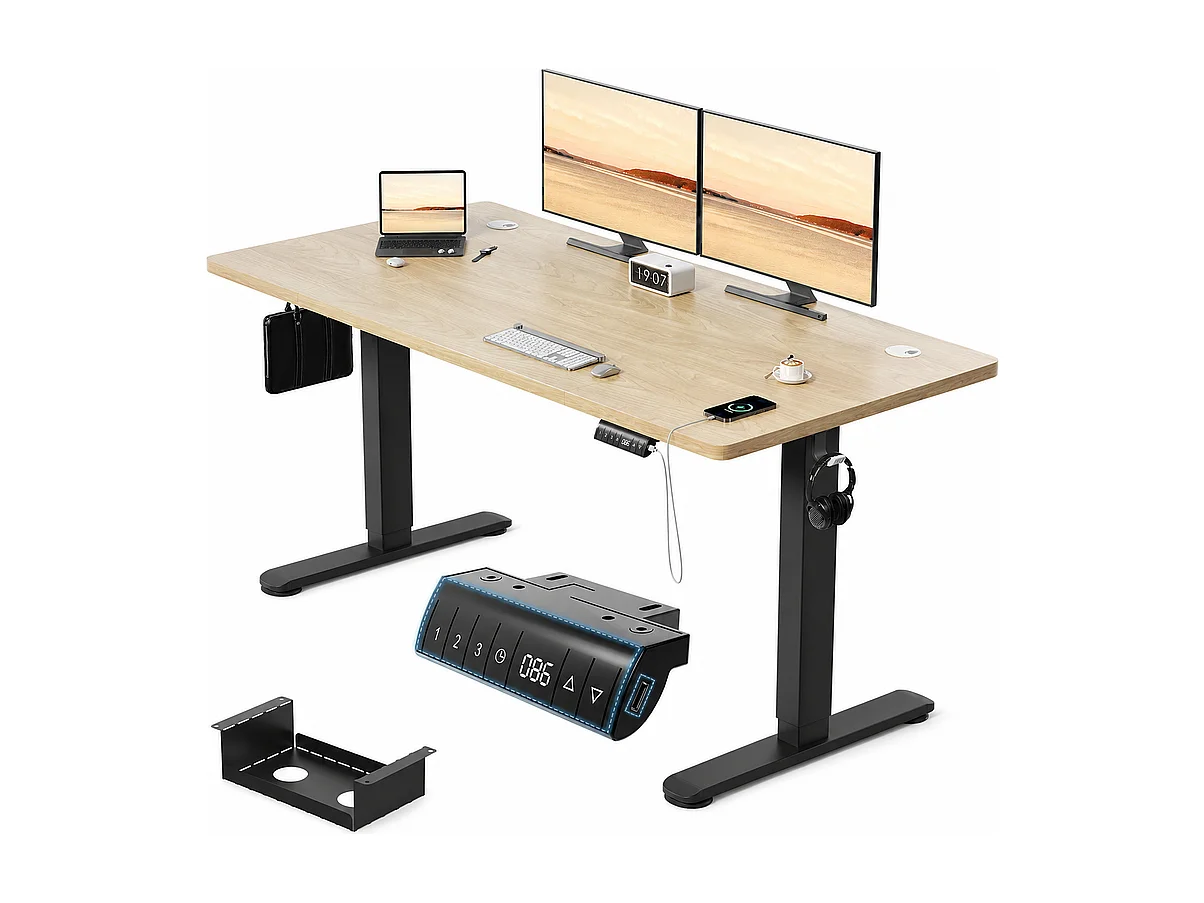 Bureau électrique réglable en hauteur avec prise USB, plateau pour câbles, bureau d'ordinateur, bureau debout avec rappel d'activités sédentaires, 140 x 70 cm